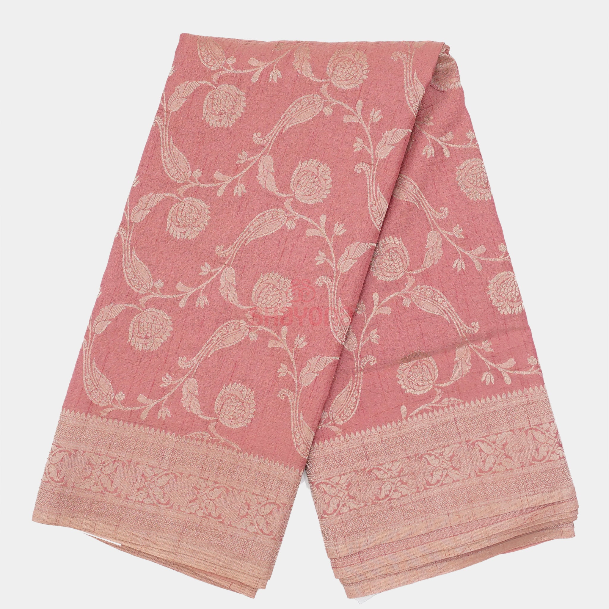 Rose Gold Banarasi Georgette Khaddi Print Saree with Butti, Jaal Weave, Nakshi Border & Heavy Pallav