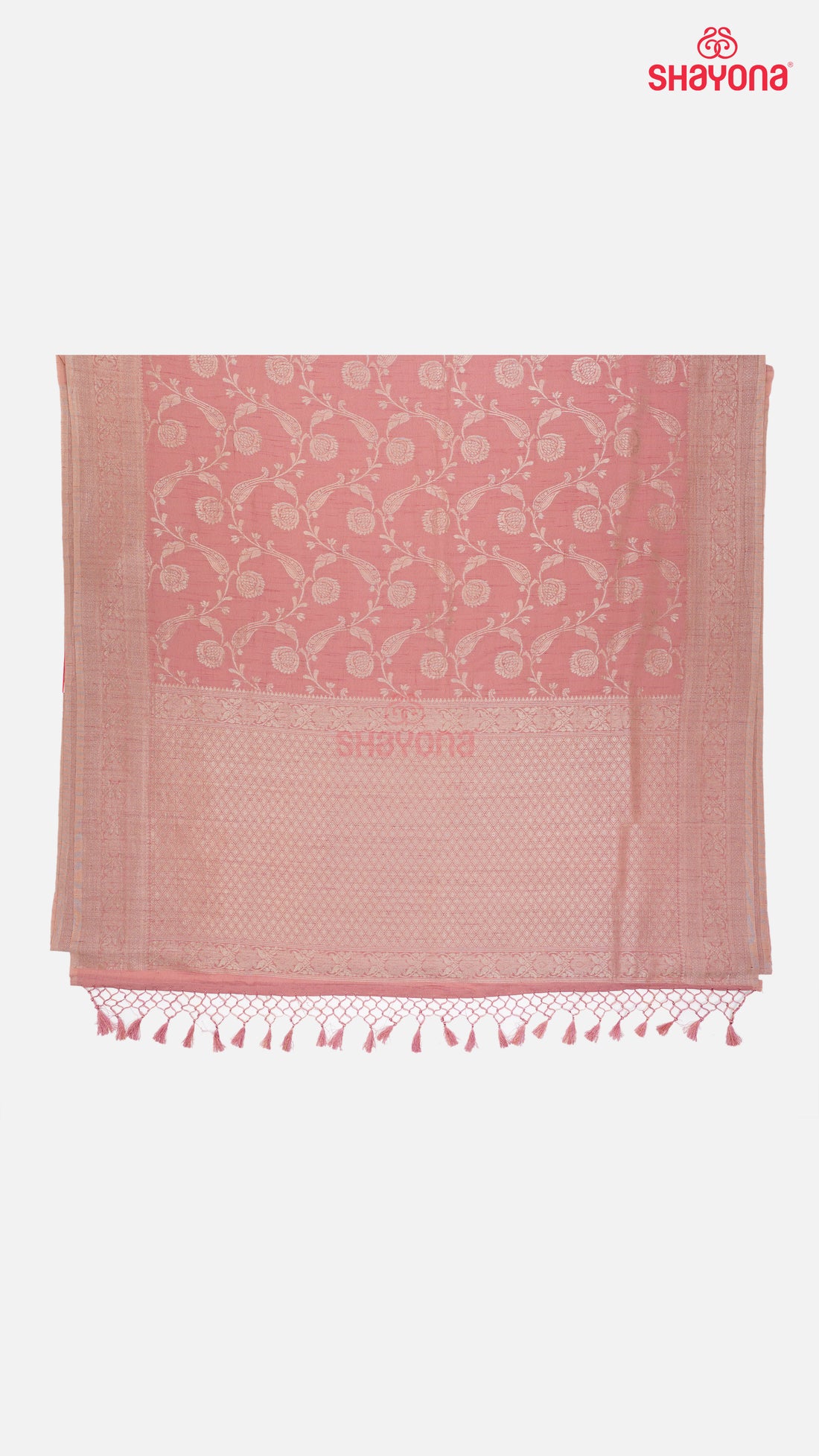 Rose Gold Banarasi Georgette Khaddi Print Saree with Butti, Jaal Weave, Nakshi Border & Heavy Pallav
