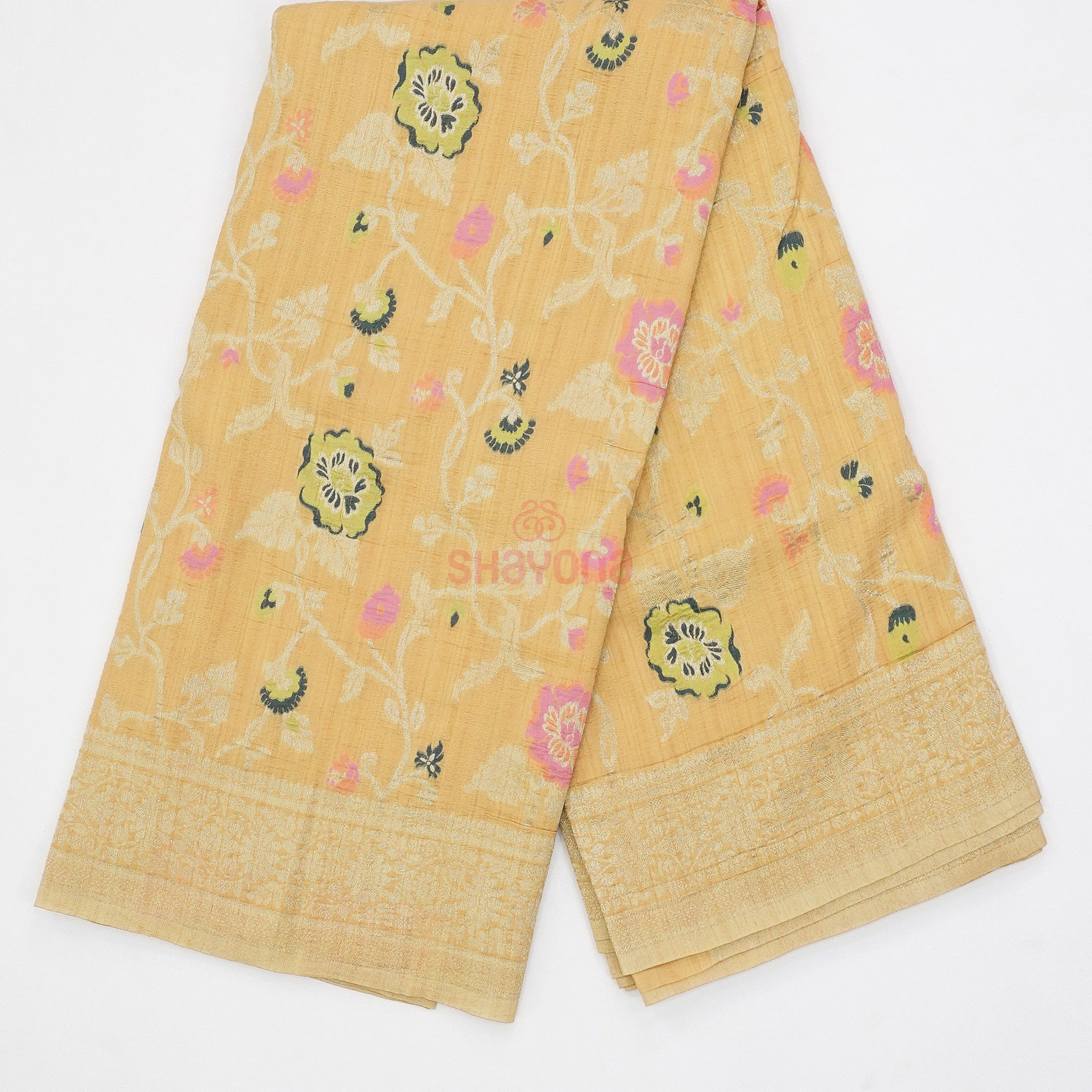 Light Gold Banarasi Georgette Khaddi Print Soft Silk Saree with Minakari Jaal Gala & Heavy Pallav