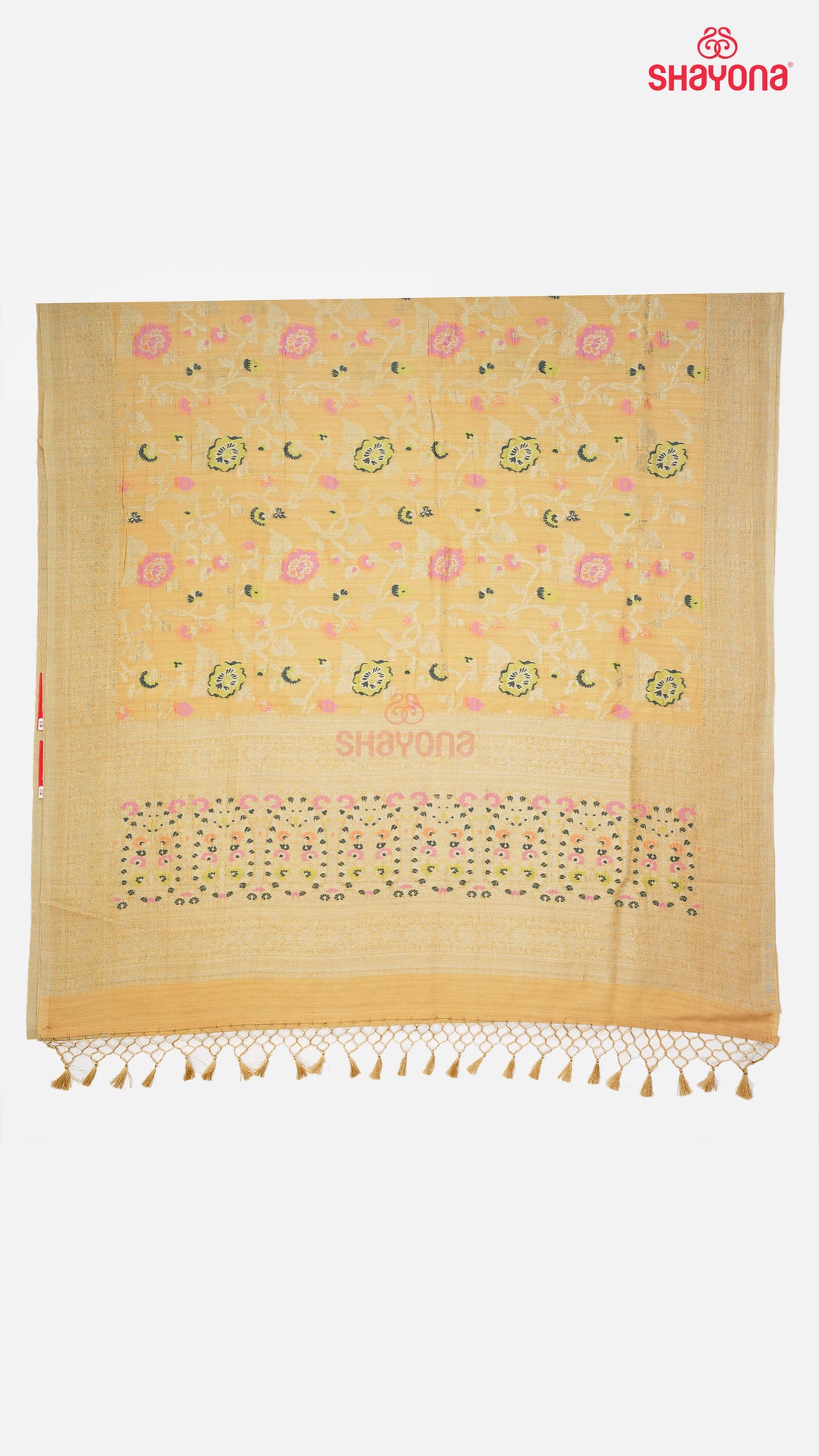 Light Gold Banarasi Georgette Khaddi Print Soft Silk Saree with Minakari Jaal Gala & Heavy Pallav