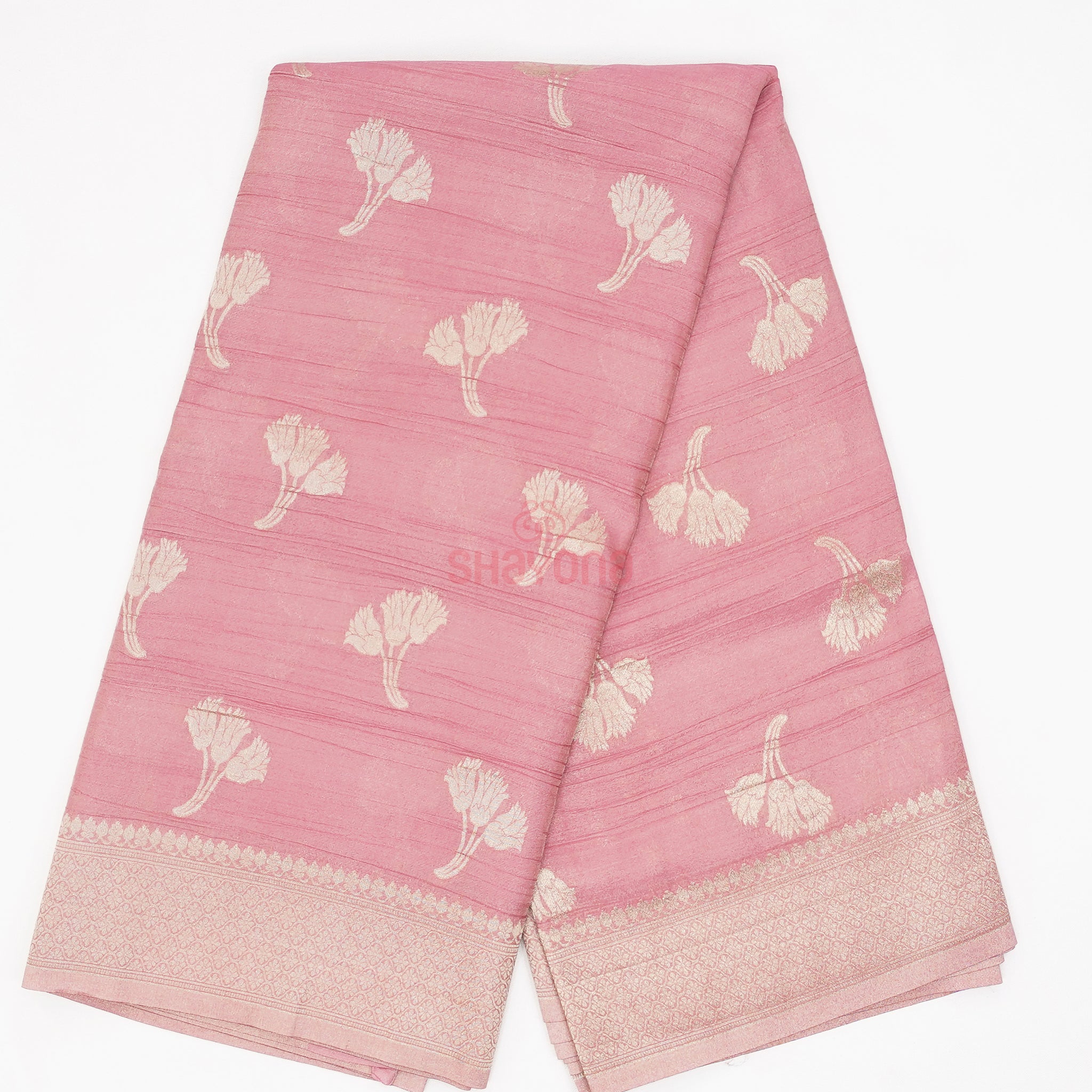 Light Rose Gold Banarasi Georgette Khaddi Soft Silk Saree with Butta in Gala, Jaal Nakshi Border & Heavy Pallav