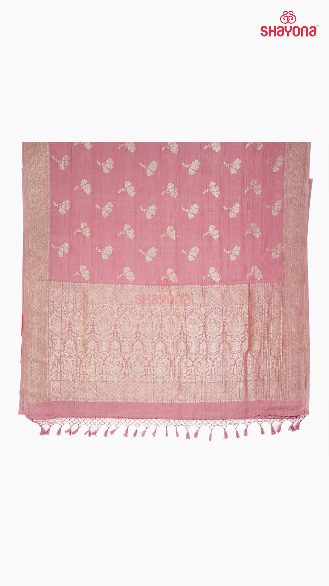 Light Rose Gold Banarasi Georgette Khaddi Soft Silk Saree with Butta in Gala, Jaal Nakshi Border & Heavy Pallav