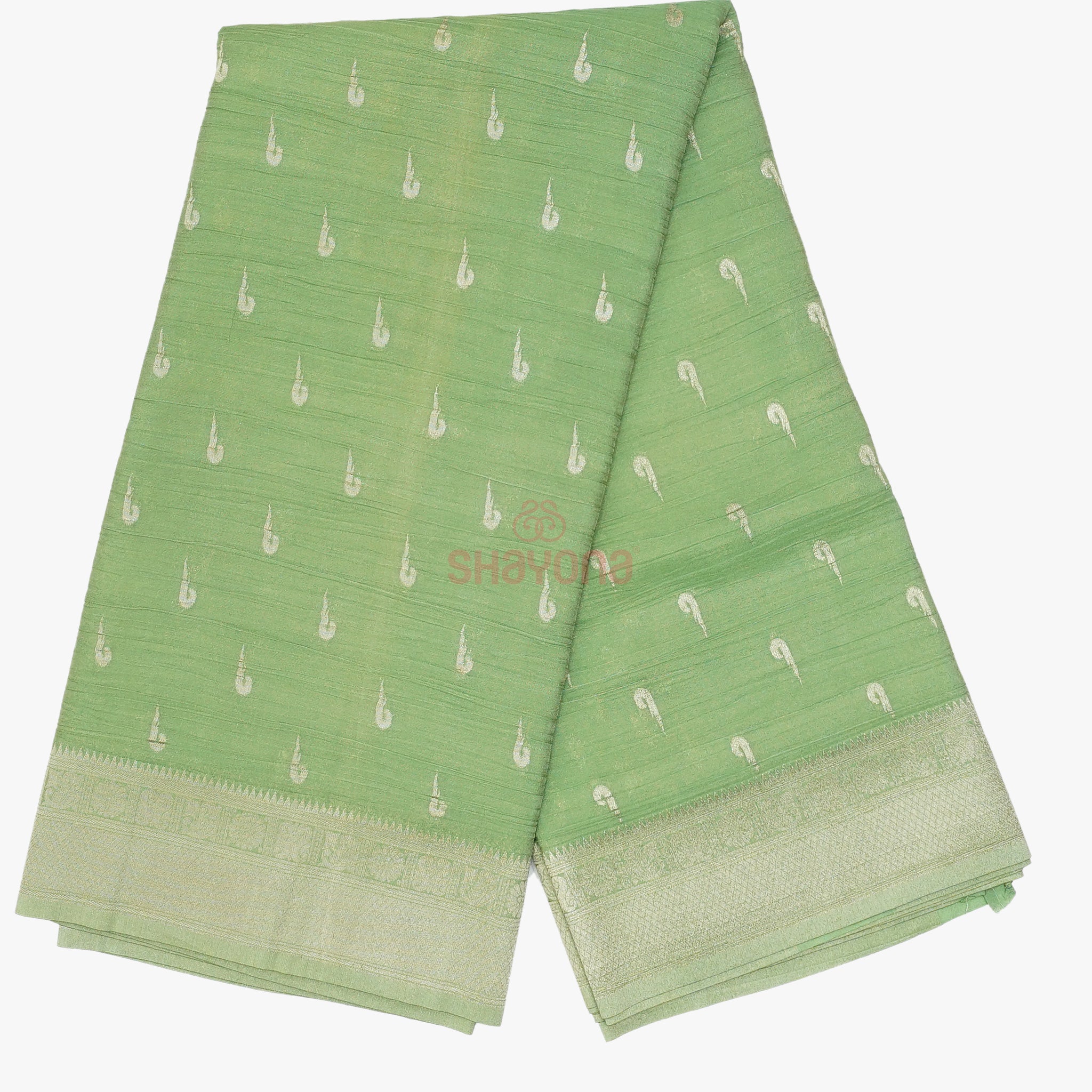 Light Green Banarasi Georgette Khaddi Soft Silk Saree with Butti Gala, Jaal Nakshi Border & Heavy Pallav