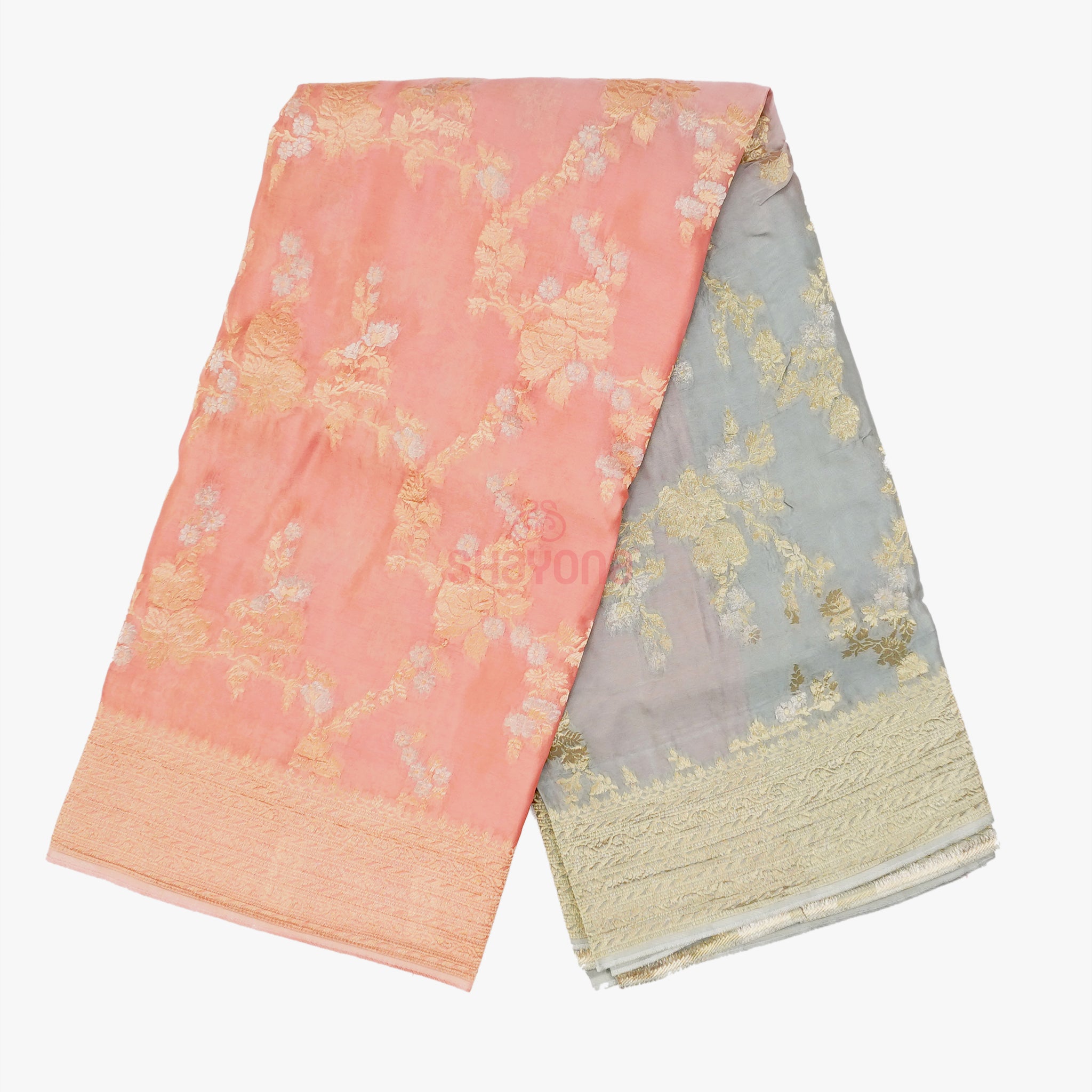 Elegant Light Coral & Gray Banarasi Georgette Khaddi Print Saree with Jaal Gala, Nakshi Border & Heavy Pallav