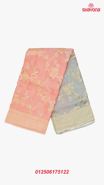 Elegant Light Coral & Gray Banarasi Georgette Khaddi Print Saree with Jaal Gala, Nakshi Border & Heavy Pallav