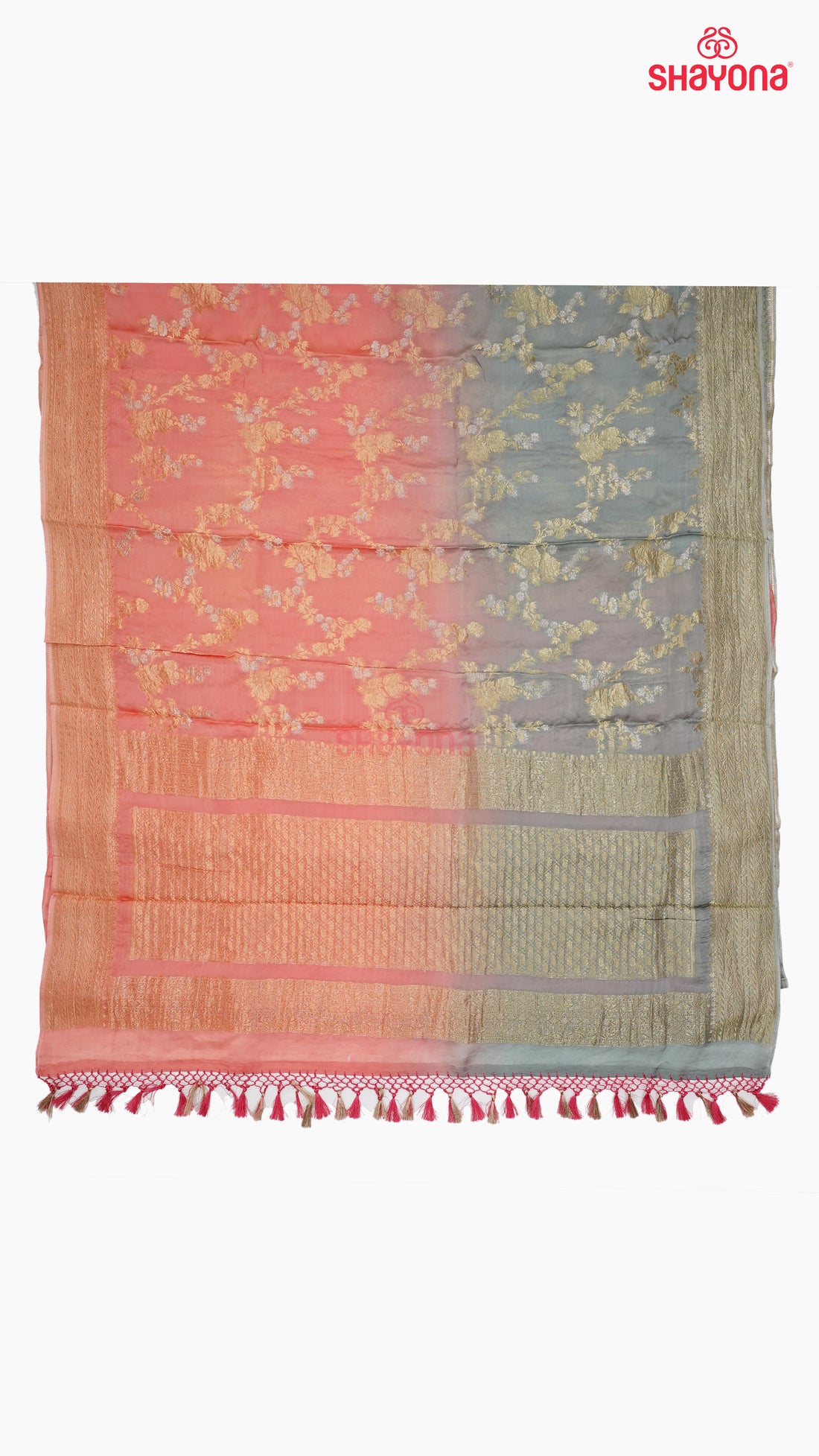 Elegant Light Coral & Gray Banarasi Georgette Khaddi Print Saree with Jaal Gala, Nakshi Border & Heavy Pallav