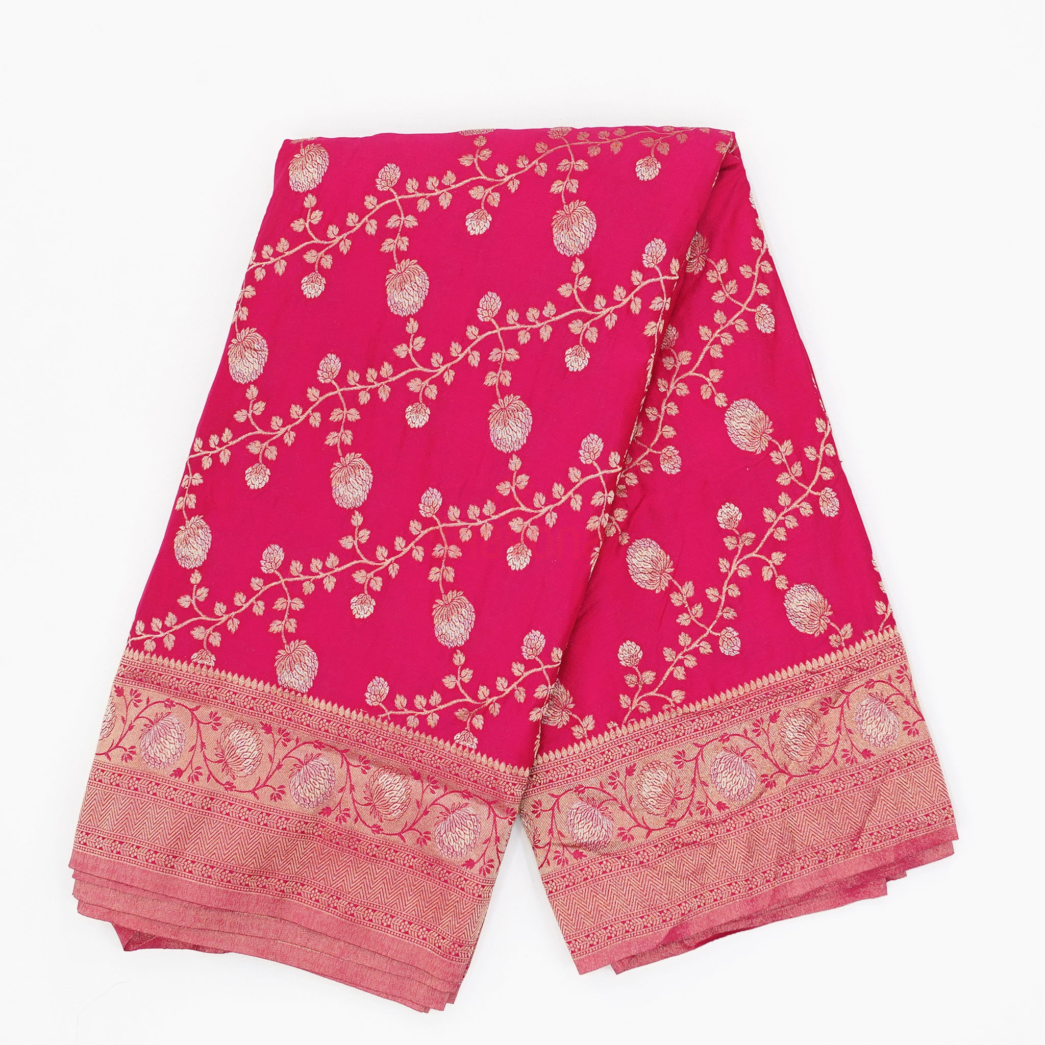 Violet Red Banarasi Georgette Khaddi Print Saree with All-Over Butti, Jaal Weaving, Nakshi Border & Heavy Pallav