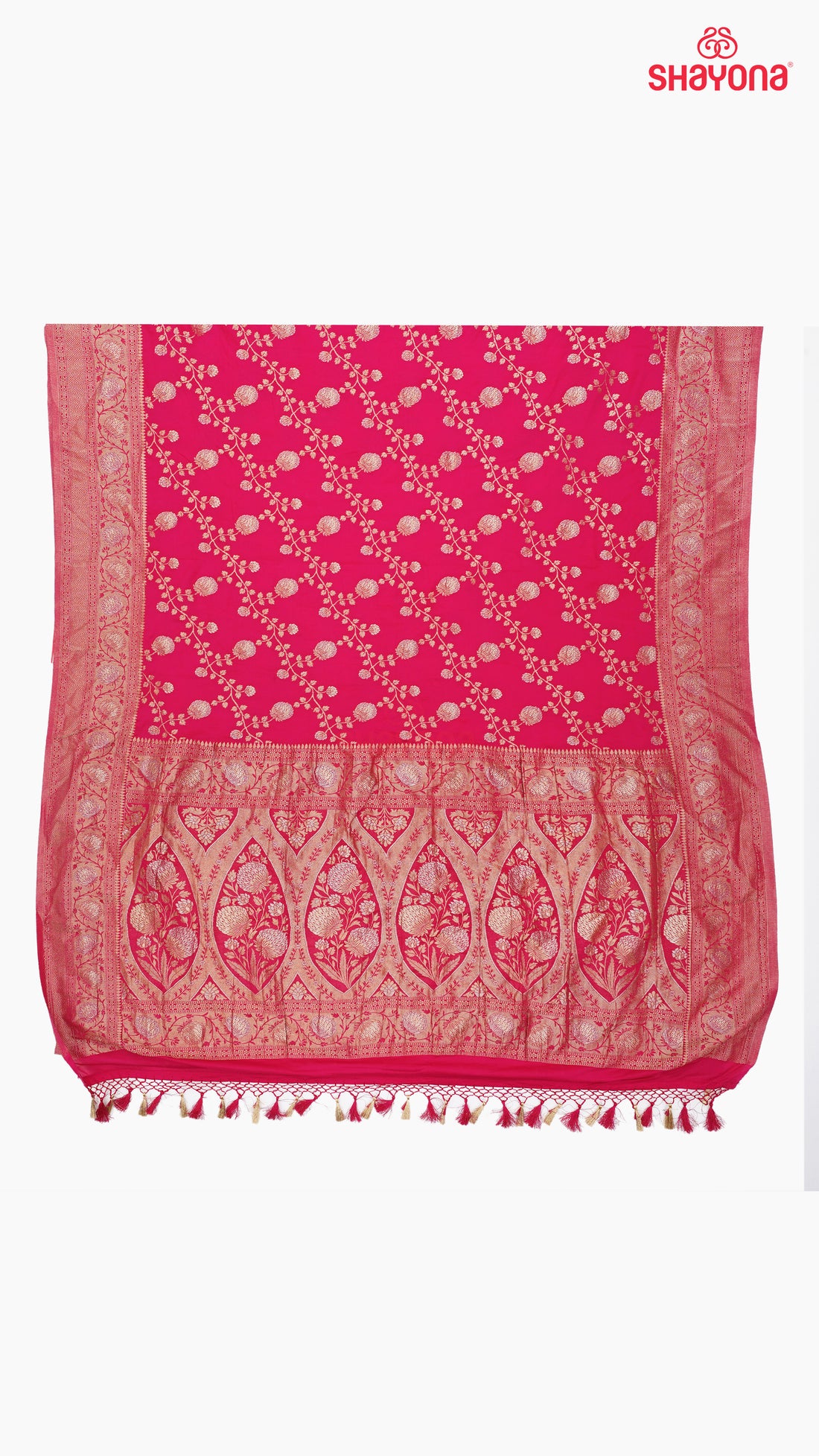 Violet Red Banarasi Georgette Khaddi Print Saree with All-Over Butti, Jaal Weaving, Nakshi Border & Heavy Pallav