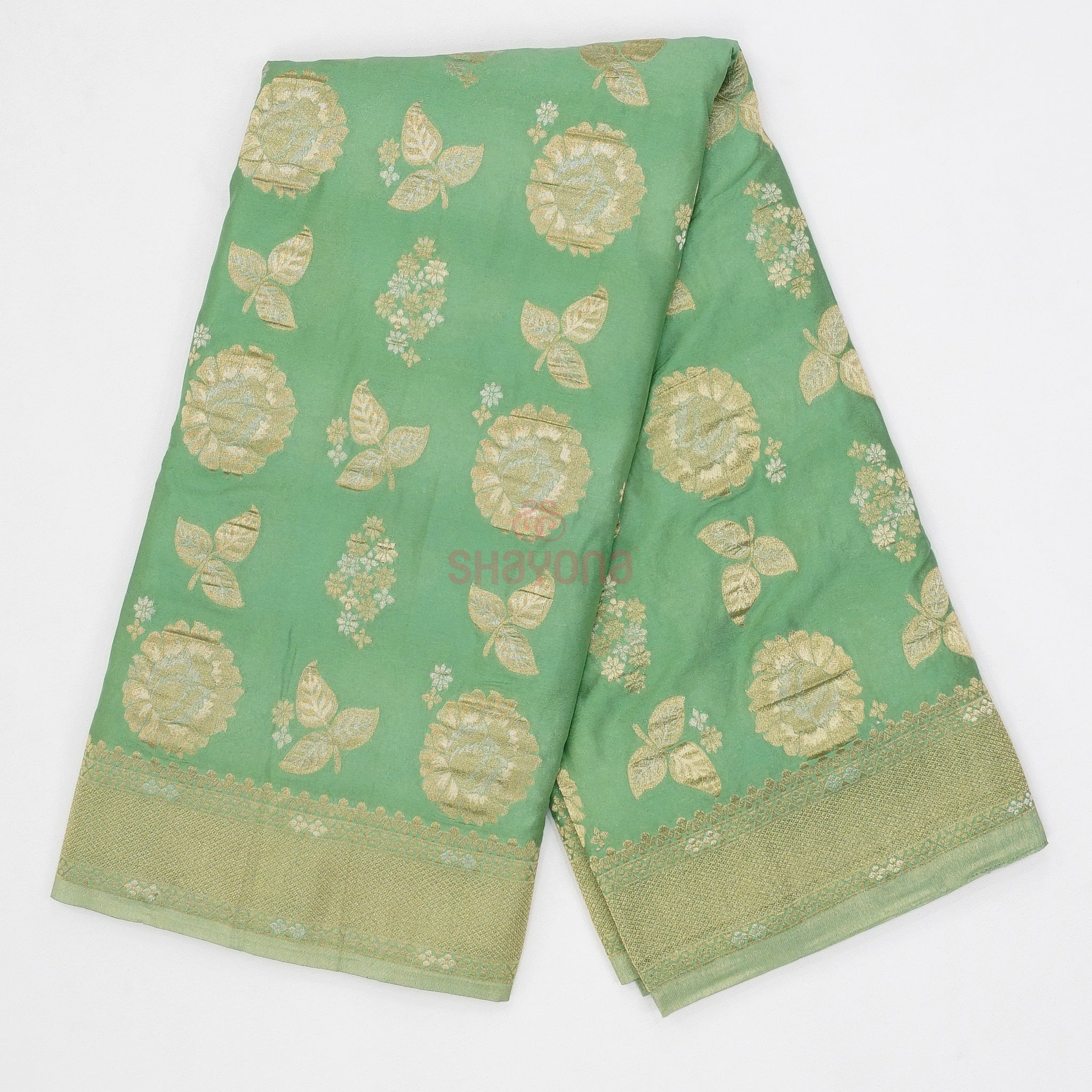 Medium Green Banarasi Georgette Khaddi Print Saree with All Over Butti, Jaal Weaving, Nakshi Border & Heavy Pallav