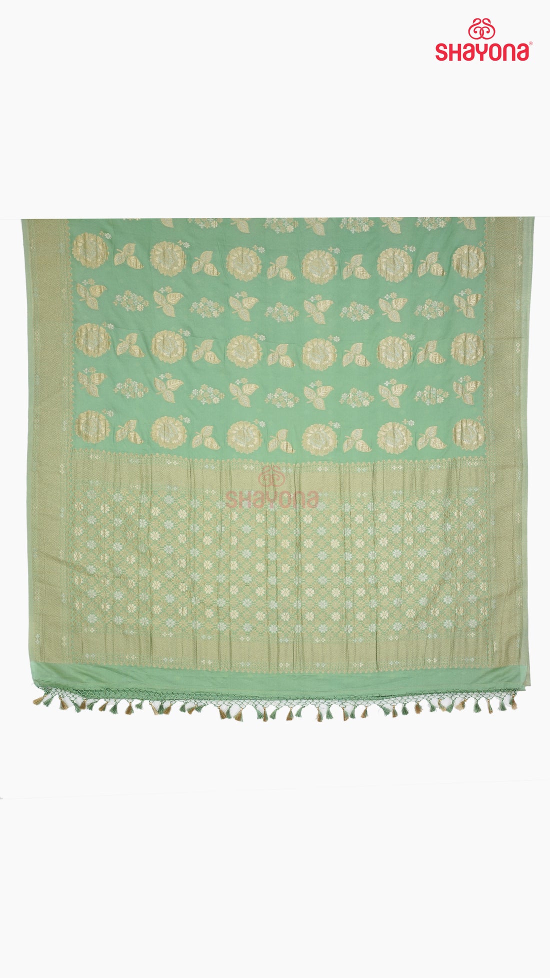 Medium Green Banarasi Georgette Khaddi Print Saree with All Over Butti, Jaal Weaving, Nakshi Border & Heavy Pallav