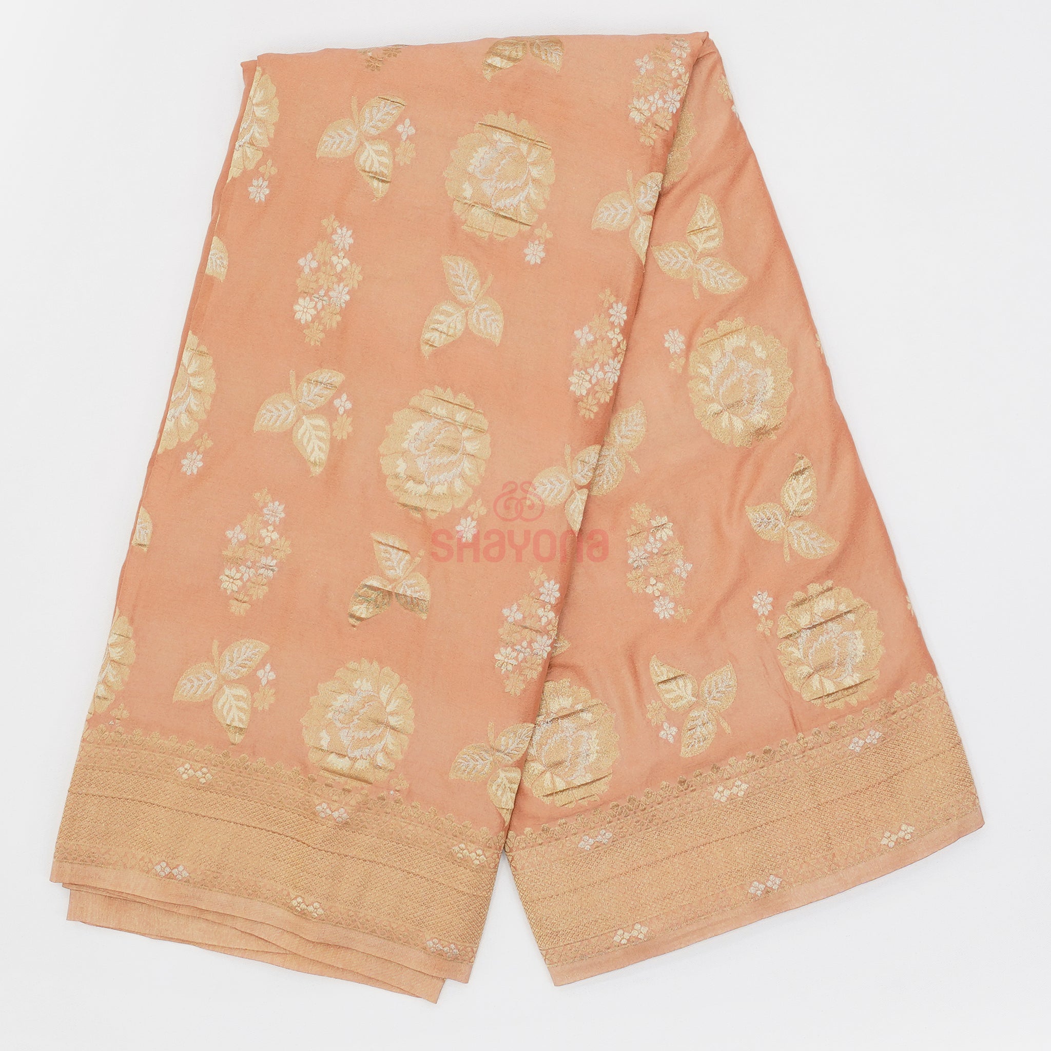 Light Rose Gold Banarasi Georgette Khaddi Print Saree with All-Over Butta, Jaal Weave, Nakshi Border & Heavy Pallav