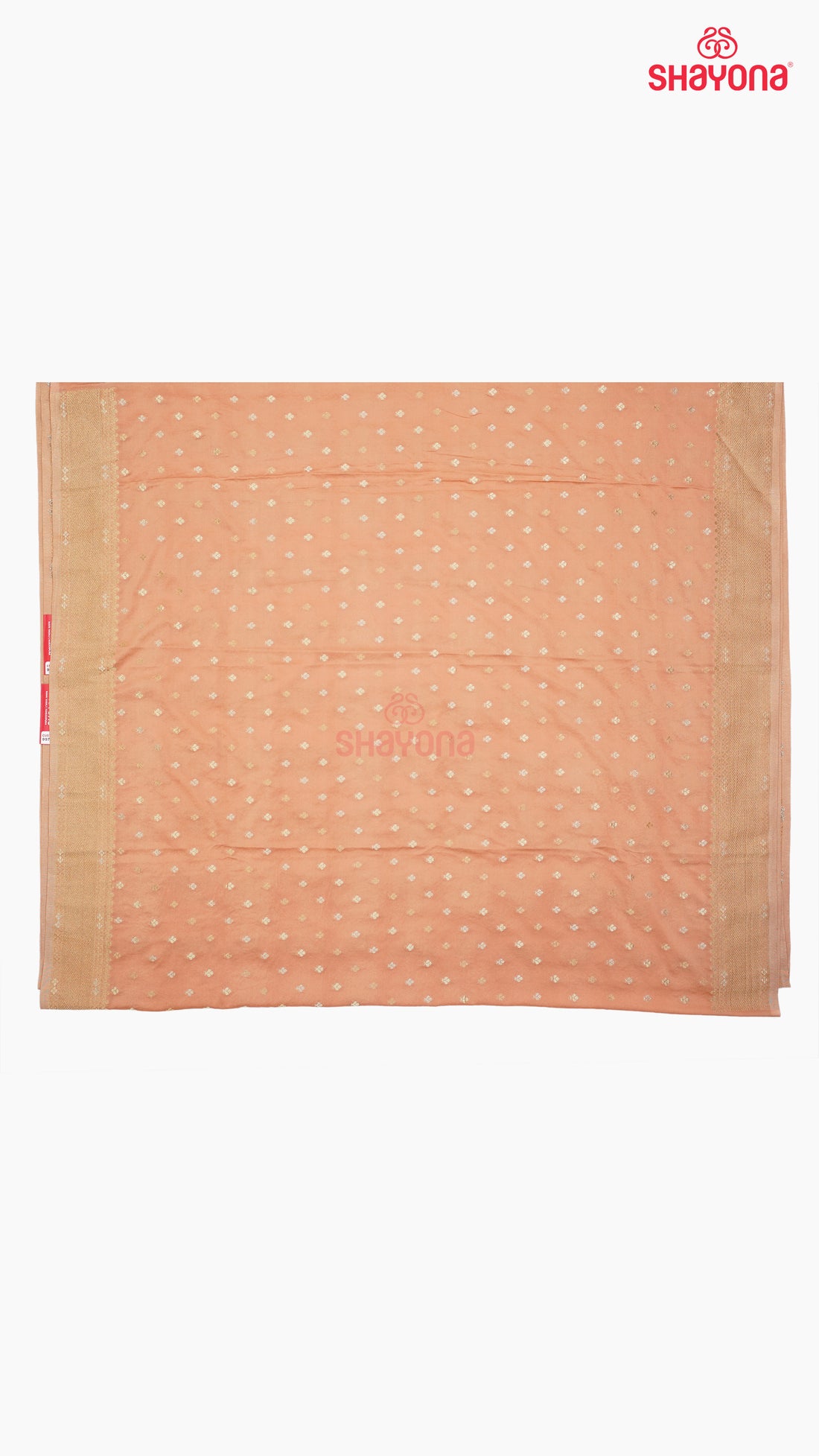 Light Rose Gold Banarasi Georgette Khaddi Print Saree with All-Over Butta, Jaal Weave, Nakshi Border & Heavy Pallav