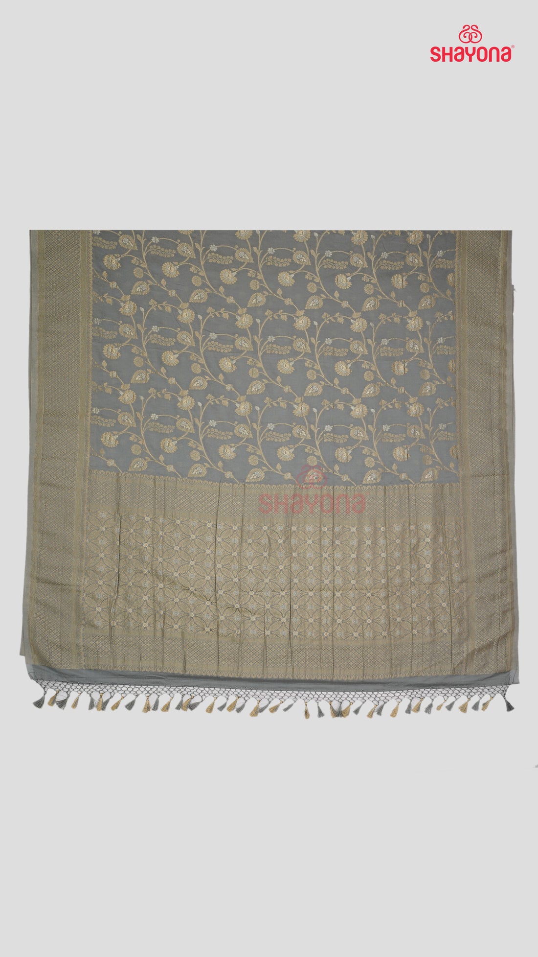 Gray Banarasi Georgette Khaddi Print Saree with All Over Jaal, Nakshi Border & Heavy Pallav