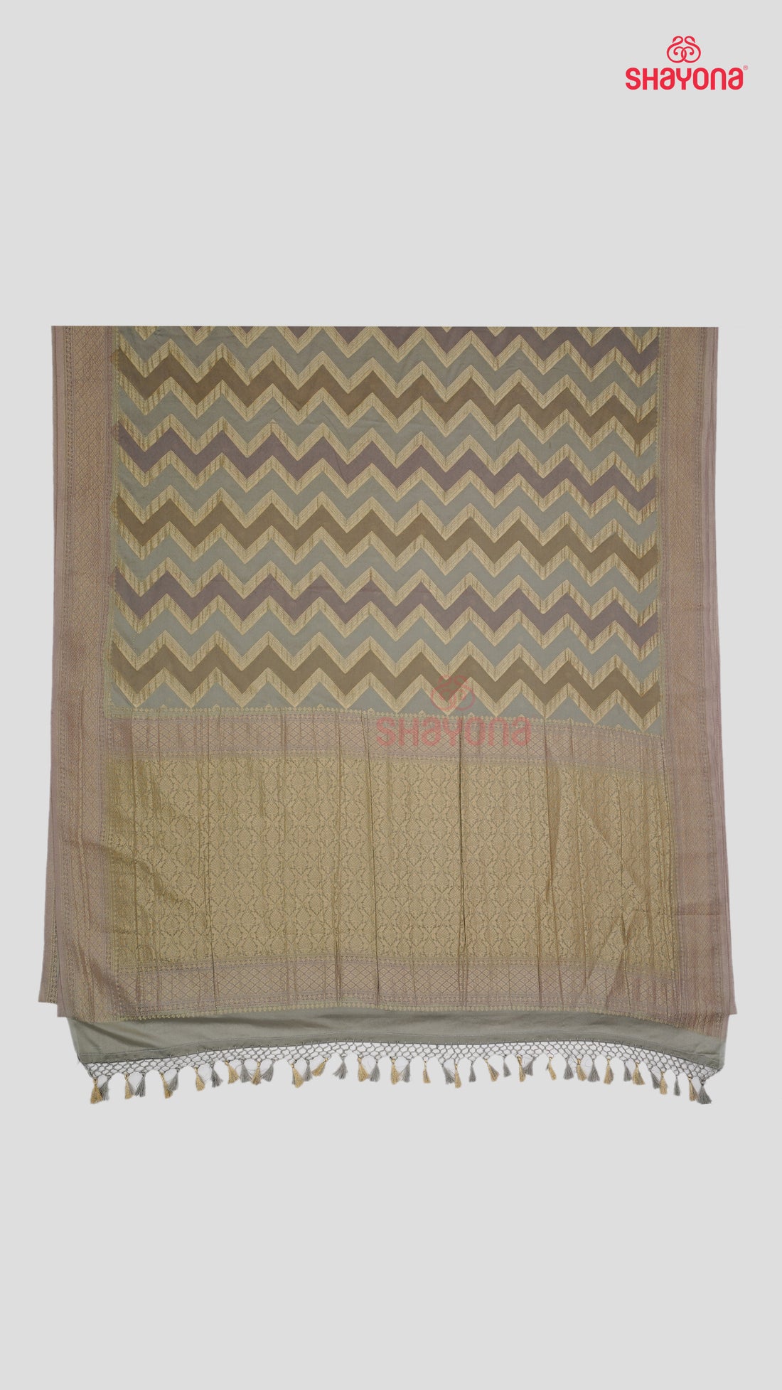 Rosy Gray Banarasi Georgette Khaddi Soft Silk Saree with Lehariya Gala, Butti Weave, Jaal Nakshi Border & Heavy Pallav