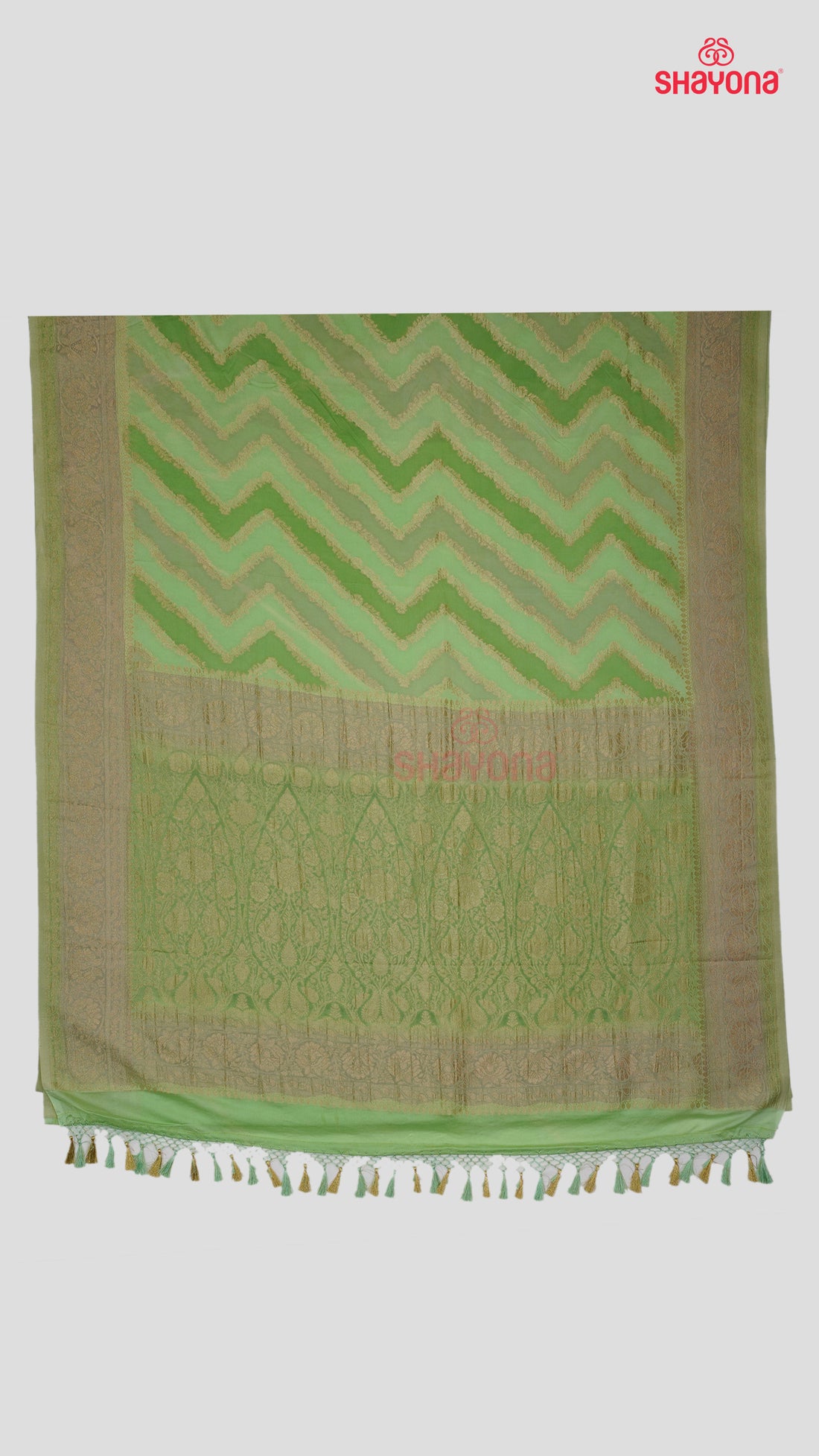 Light Olive Banarasi Georgette Khaddi Soft Silk Saree with Lehariya Gala, All Over Butti Weave, Jaal Nakshi Border & Heavy Pallav