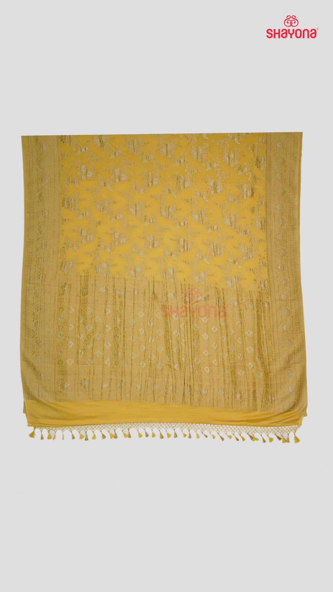 Yellow Gold Banarasi Georgette Khaddi Print Saree with All Over Jaal, Nakshi Border & Heavy Pallav