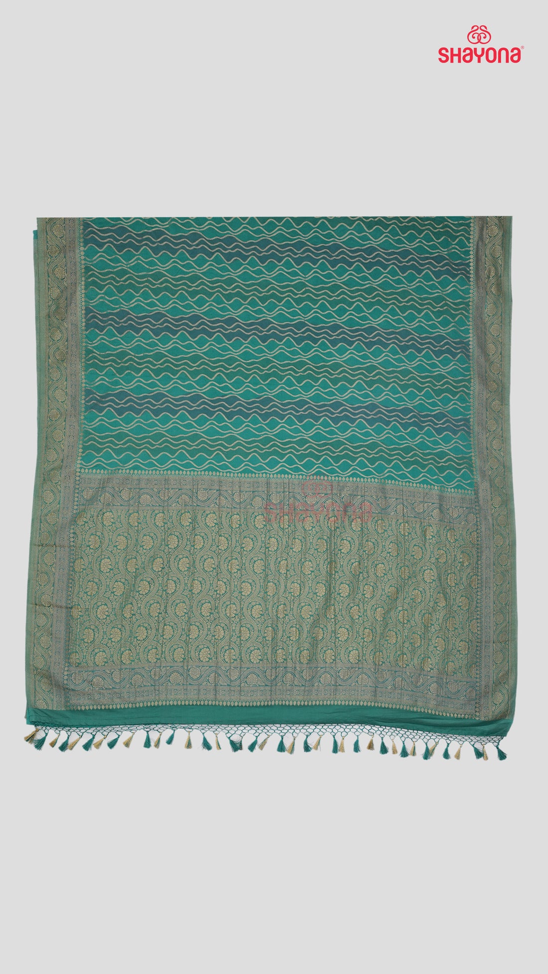 Medium Cadet Blue & Dark Steel Blue Banarasi Georgette Khaddi Print Saree with Golden Leheriya, Jaal Weave & Heavy Pallav