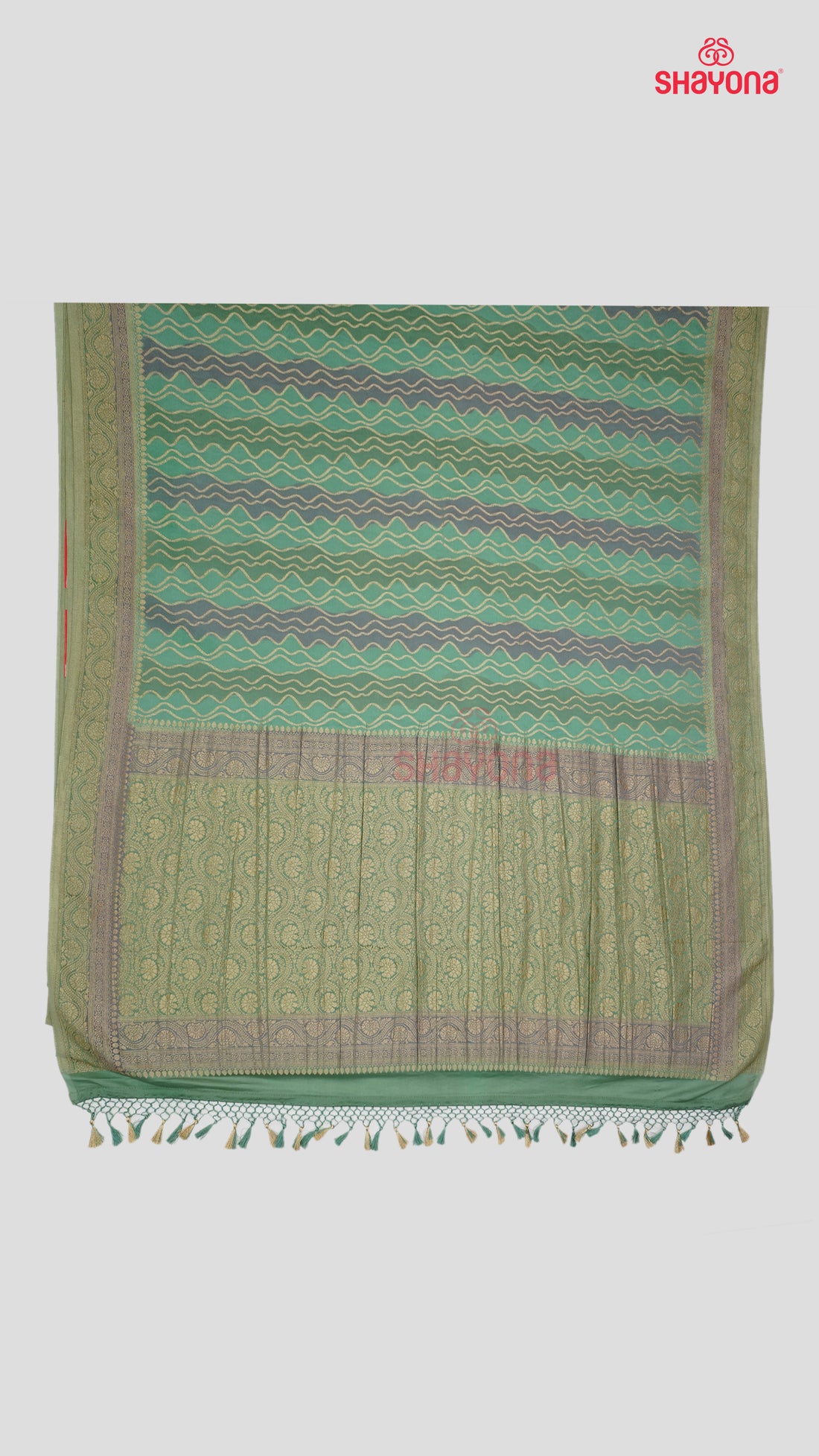 Medium Aqua Banarasi Georgette Khaddi Soft Silk Saree with Lehariya Gala, Jaal Nakshi Border & Heavy Pallav
