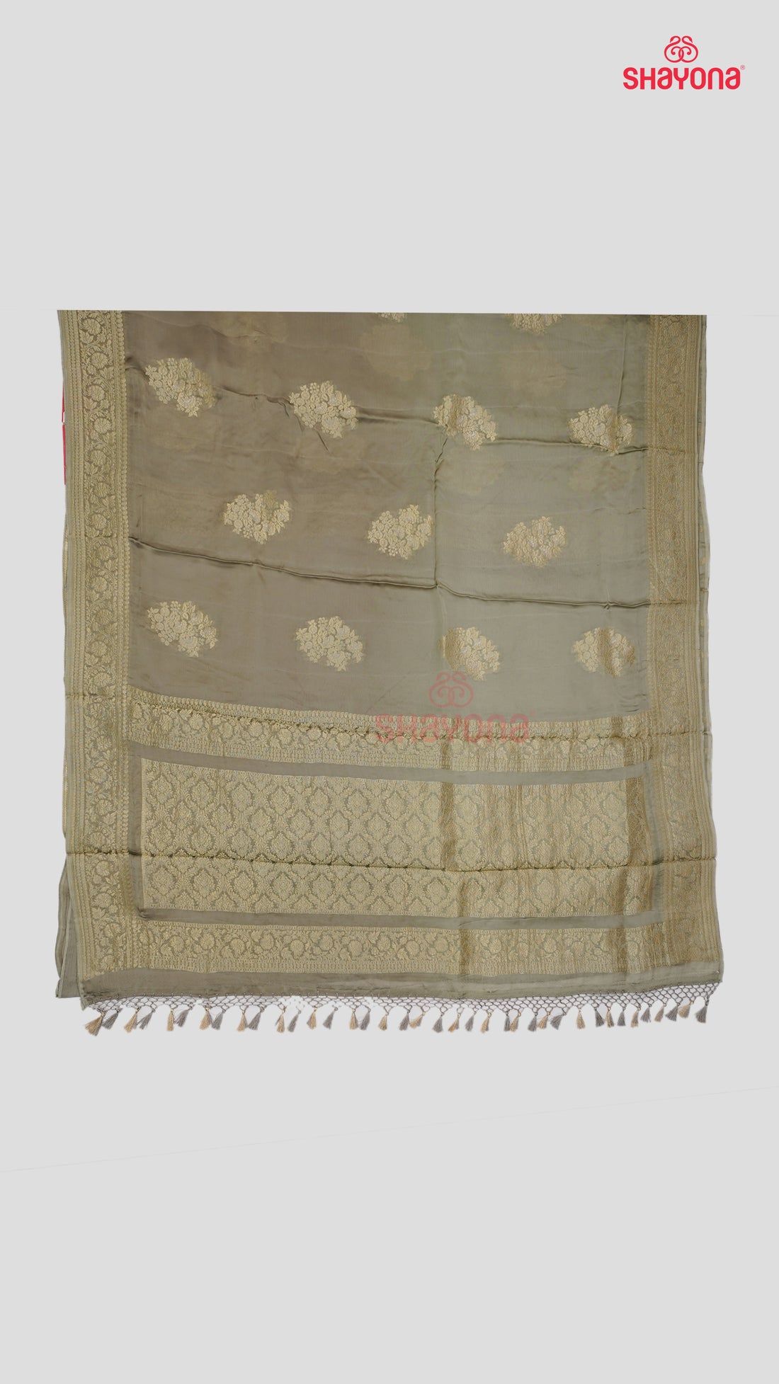 Gray Banarasi Georgette Khaddi Soft Silk Saree with Butta Gala, Jaal Nakshi Border & Heavy Pallav