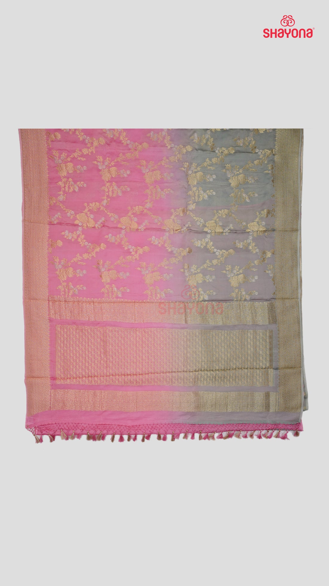 Elegant Pink & Gray Banarasi Georgette Khaddi Soft Silk Saree with All Over Jaal Gala, Nakshi Border & Heavy Pallav