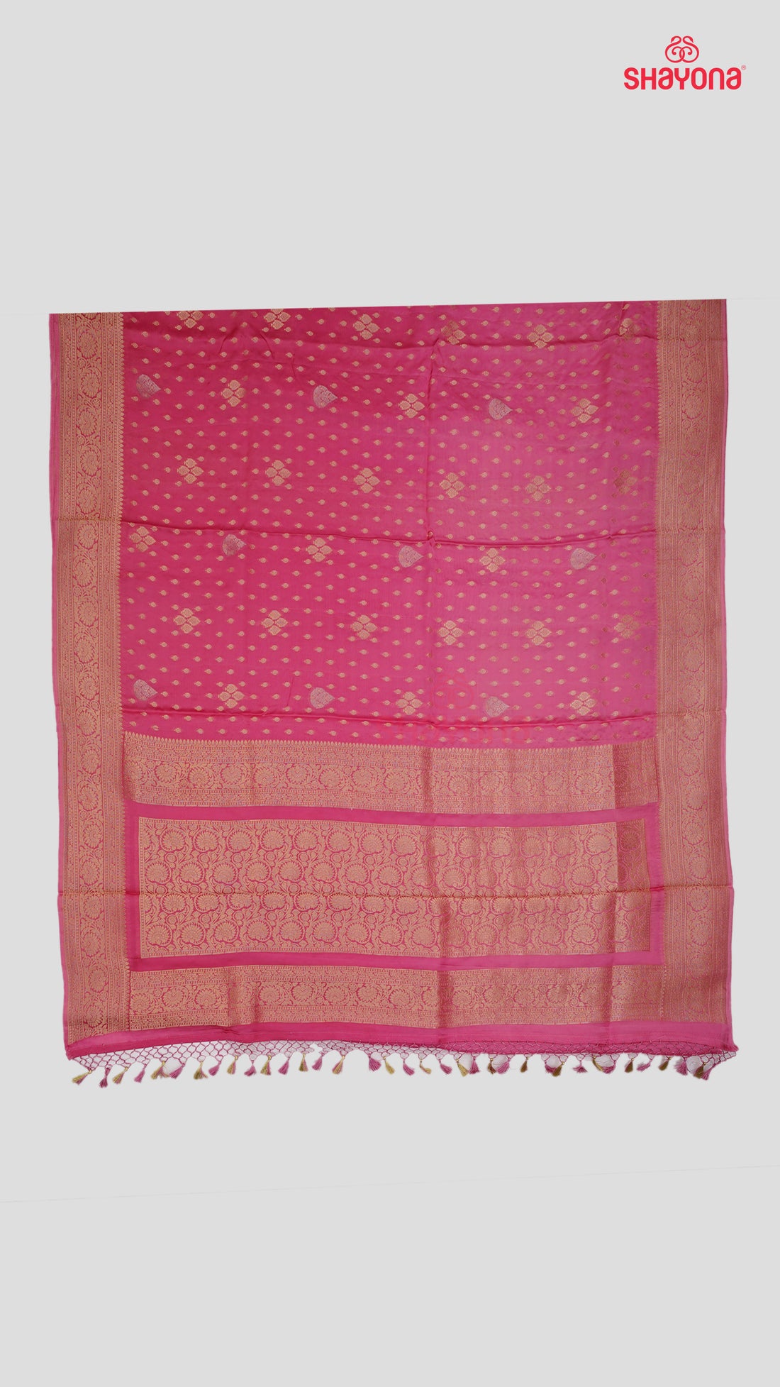 Light Deep Pink Banarasi Georgette Khaddi Print Soft Silk Saree with Butta & Butti Gala, Jaal Nakshi Border & Heavy Pallav