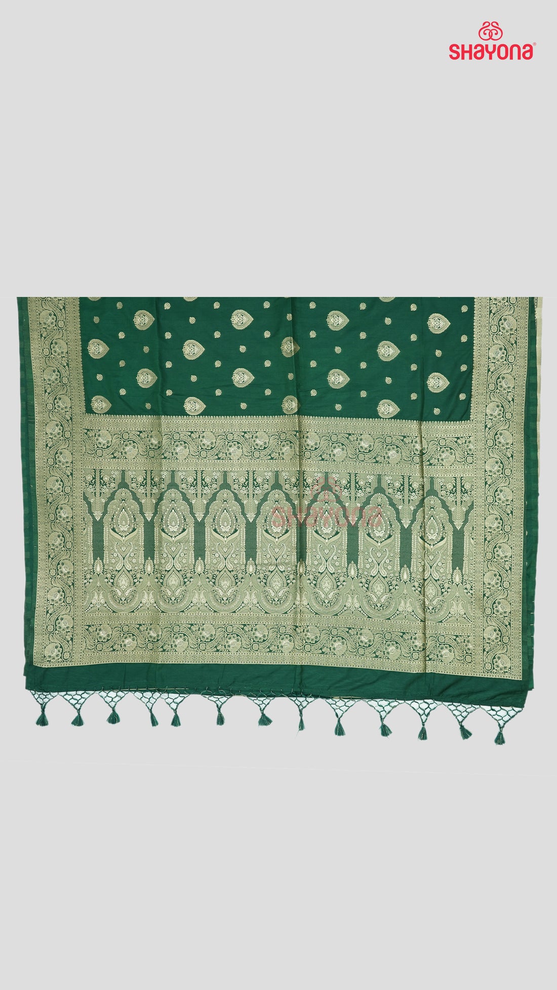Pomona Green Banarasi Soft Silk Saree with All Over Butta & Nakshi Border