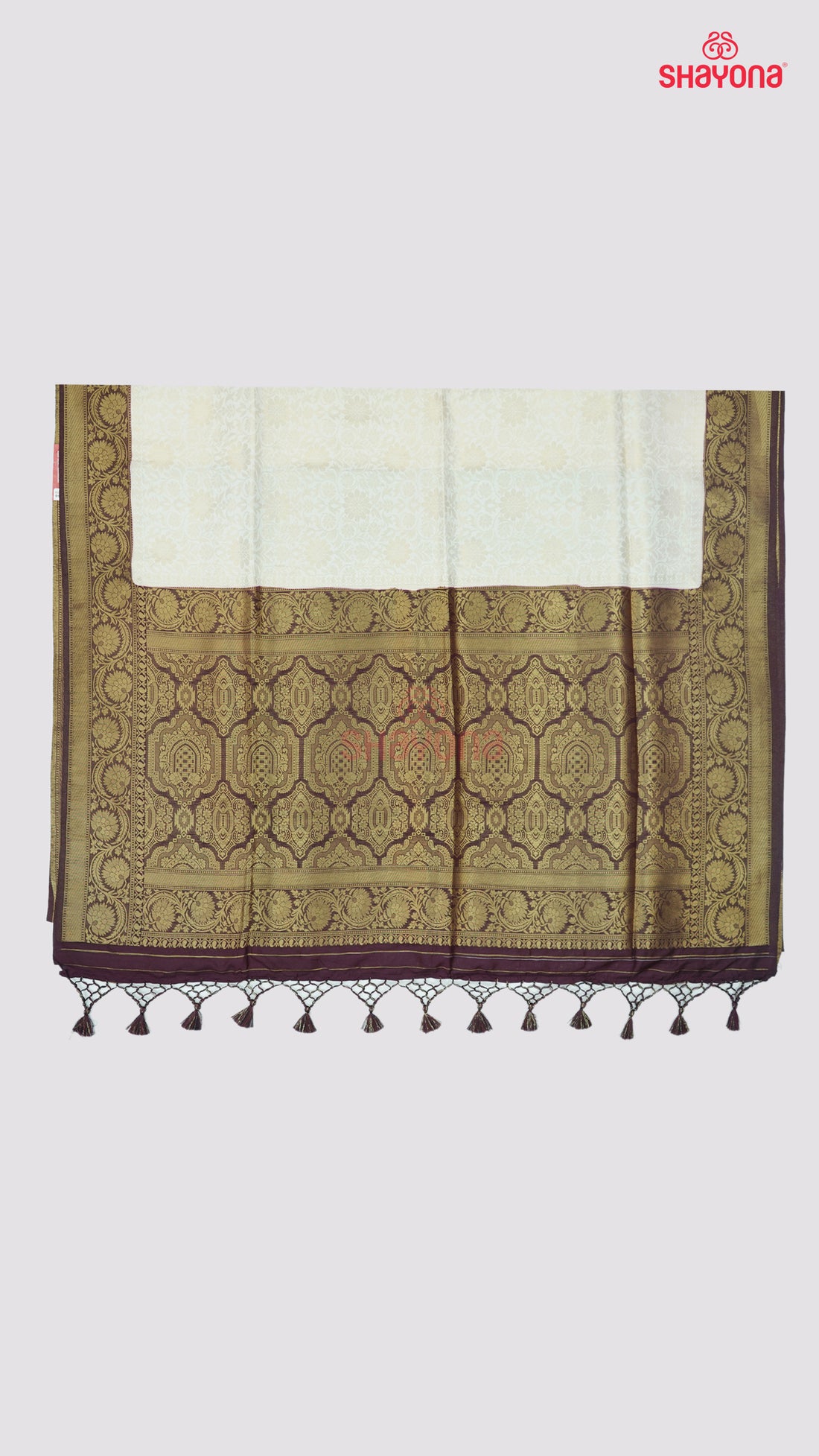 Ivory & Wine Banarasi Soft Silk Saree with Golden Butta Jaal & Heavy Nakshi Pallav