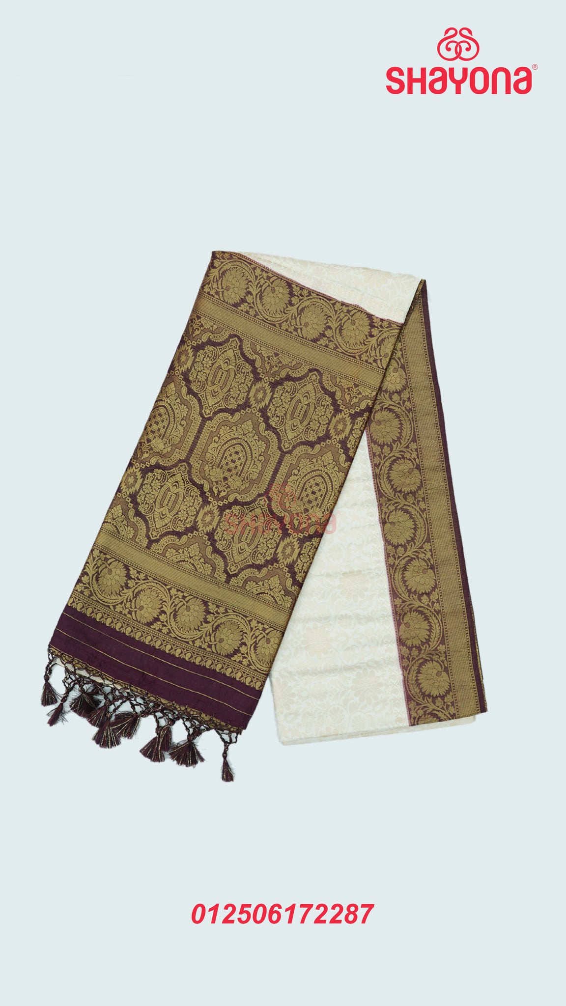 Ivory & Wine Banarasi Soft Silk Saree with Golden Butta Jaal and Nakshi Border