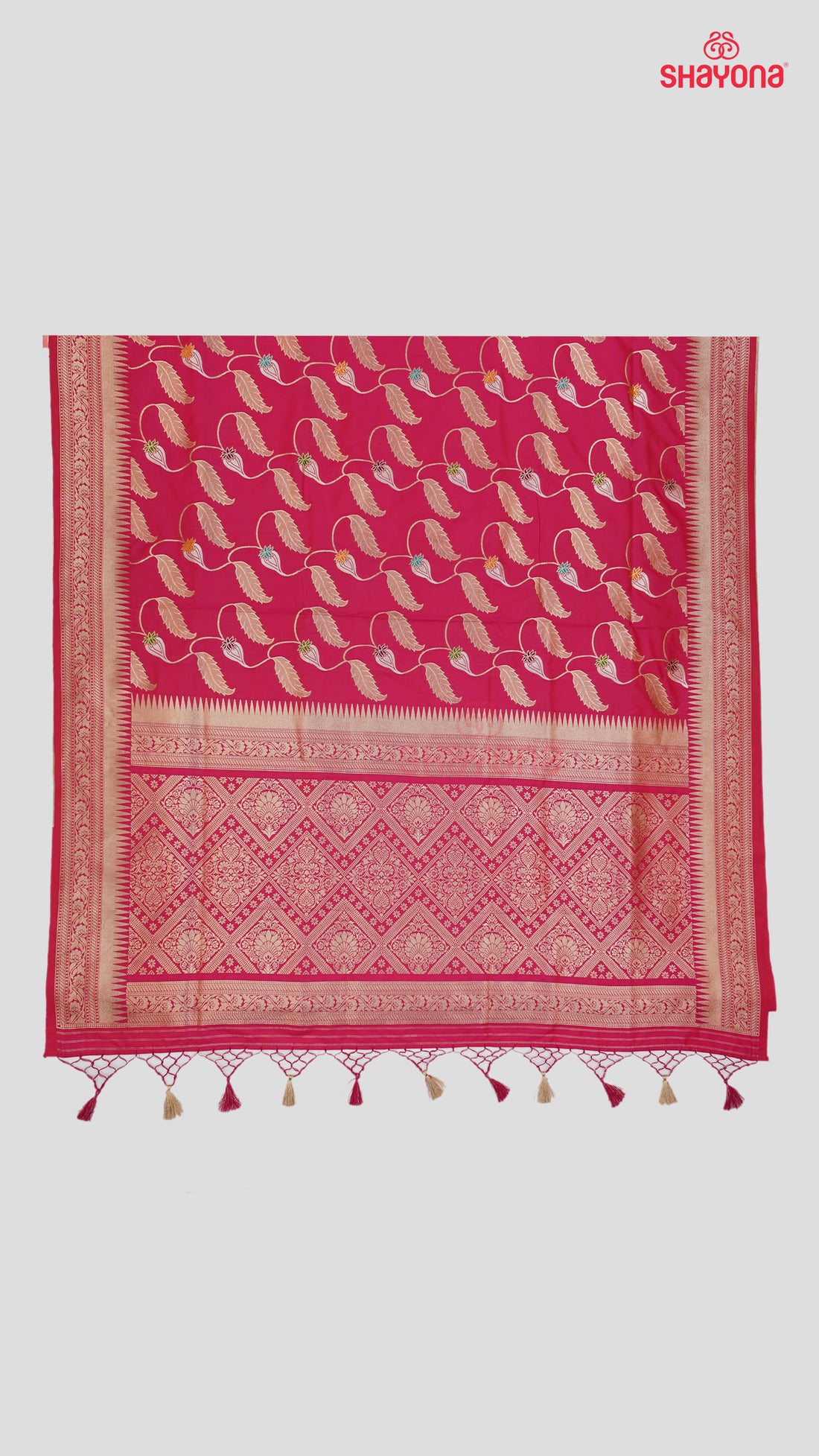 Violet Red Banarasi Silk Ashavali Saree with Minakari Jaal & Nakshi Border