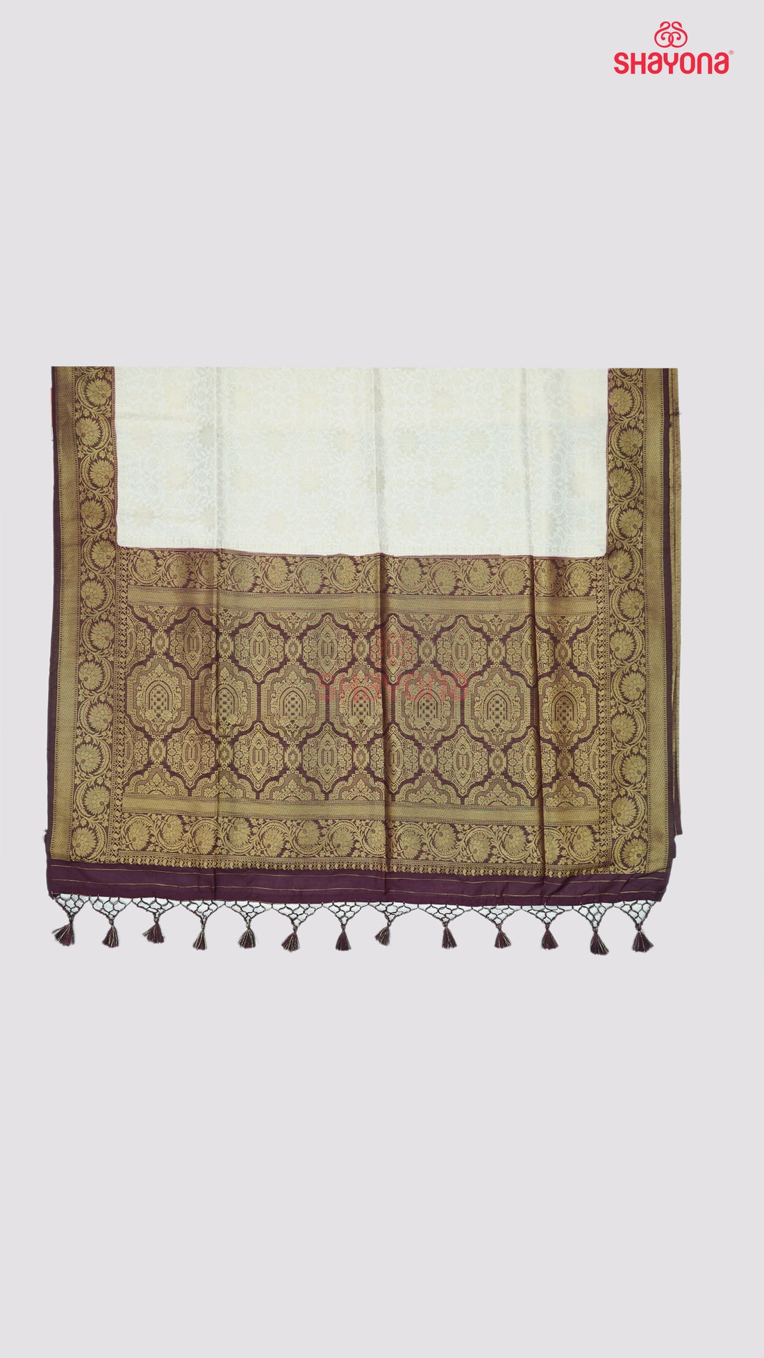 Ivory & Wine Banarasi Soft Silk Saree with Golden Butta Jaal and Nakshi Border
