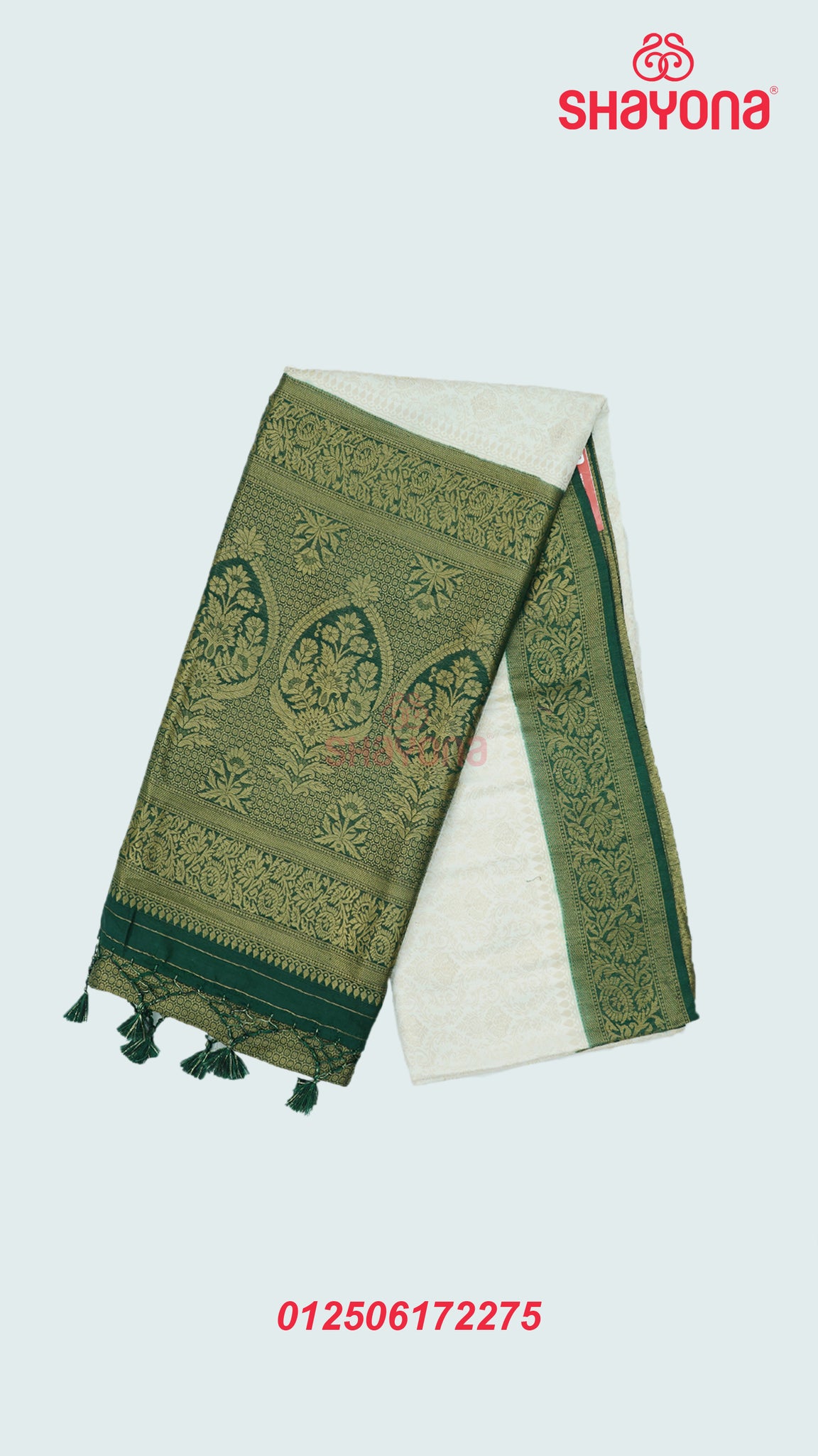 Ivory & Pomona Green Banarasi Soft Silk Saree with Golden Butta Jaal & Heavy Nakshi Pallav