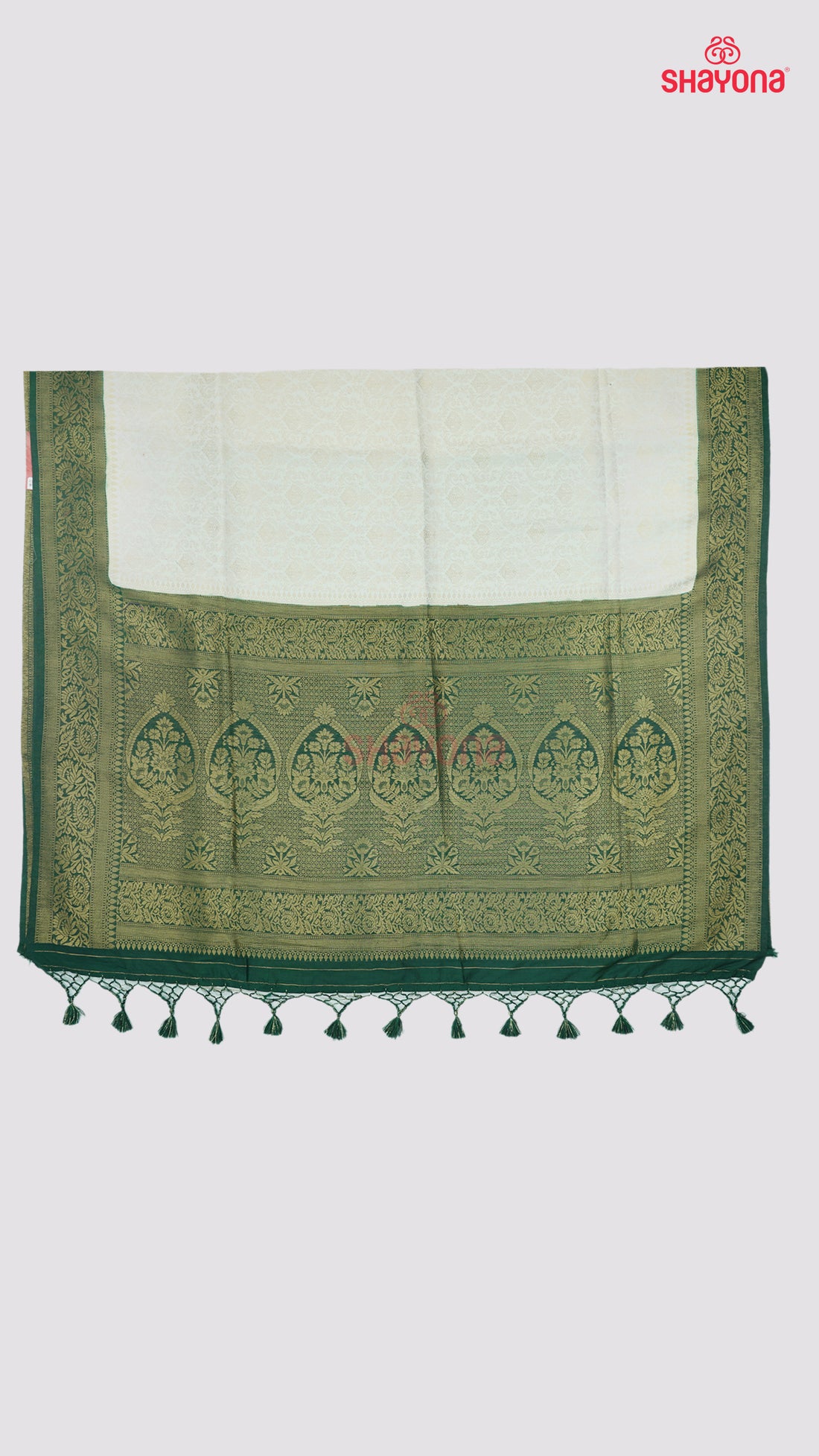 Ivory & Pomona Green Banarasi Soft Silk Saree with Golden Butta Jaal & Heavy Nakshi Pallav