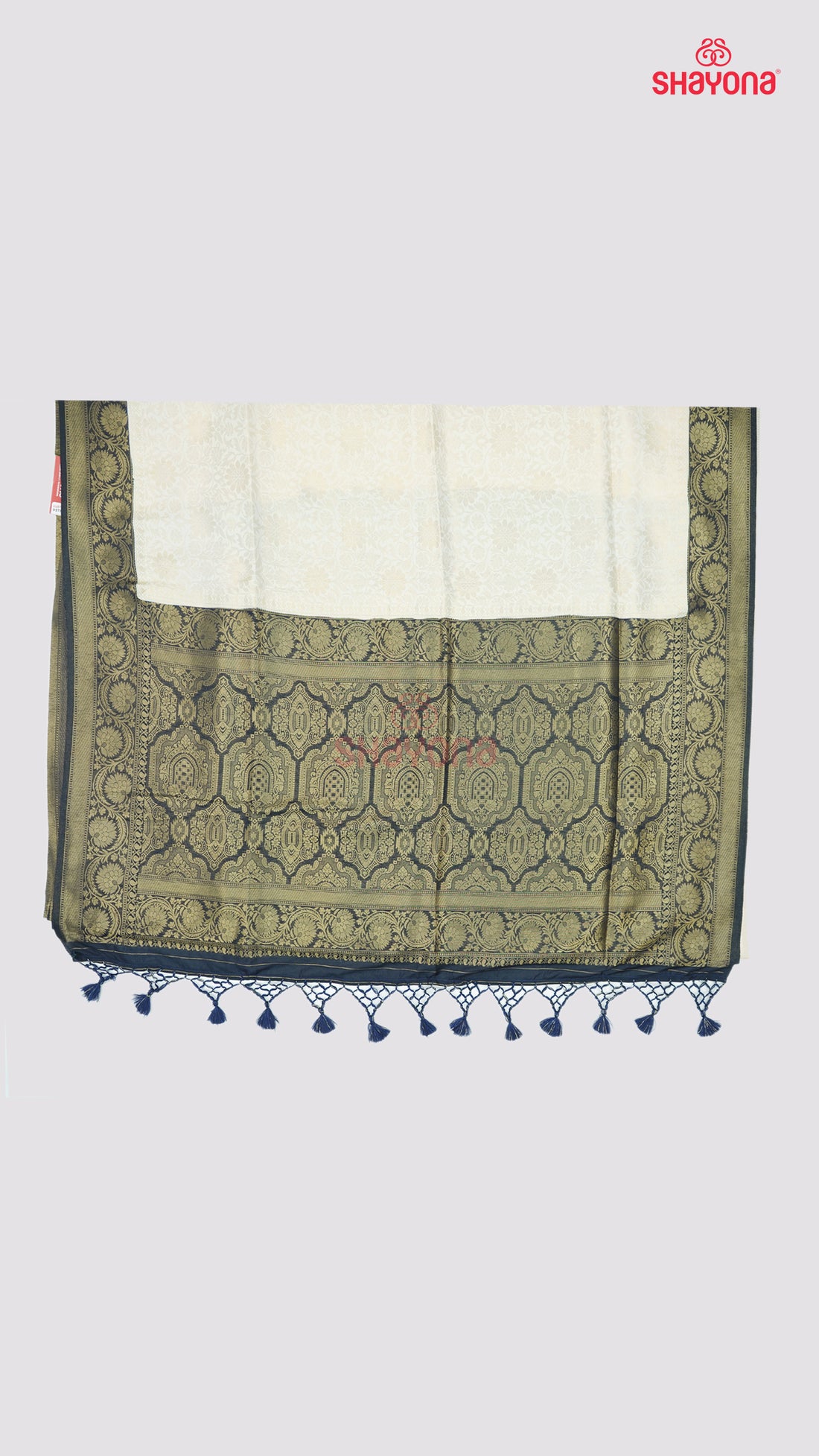 Ivory & Dark Navy Blue Banarasi Soft Silk Saree with Golden Butta Jaal & Heavy Pallav