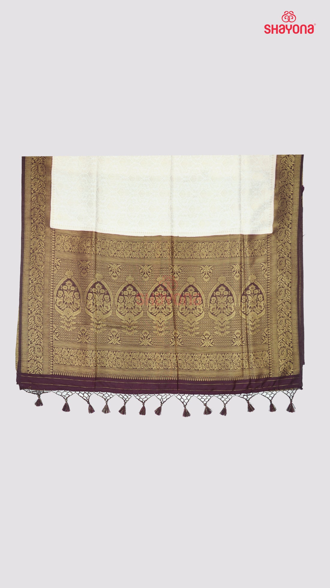 Ivory & Wine Banarasi Soft Silk Saree with Golden Butta Jaal and Nakshi Border