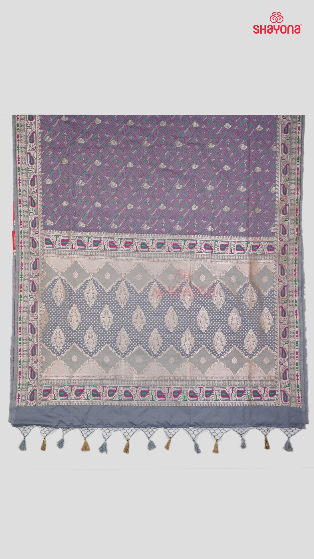 Gray Banarasi Silk Ashavali Saree with Bandhani Print, Minakari Butta & Jaal in Gala, Nakshi Border & Heavy Pallav
