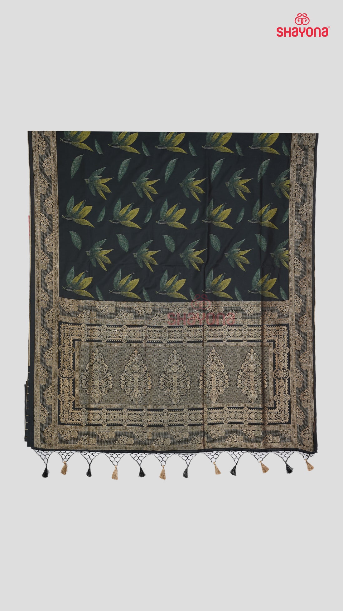Black Banarasi Silk Ashavali Saree with All Over Butti & Floral Jaal Gala