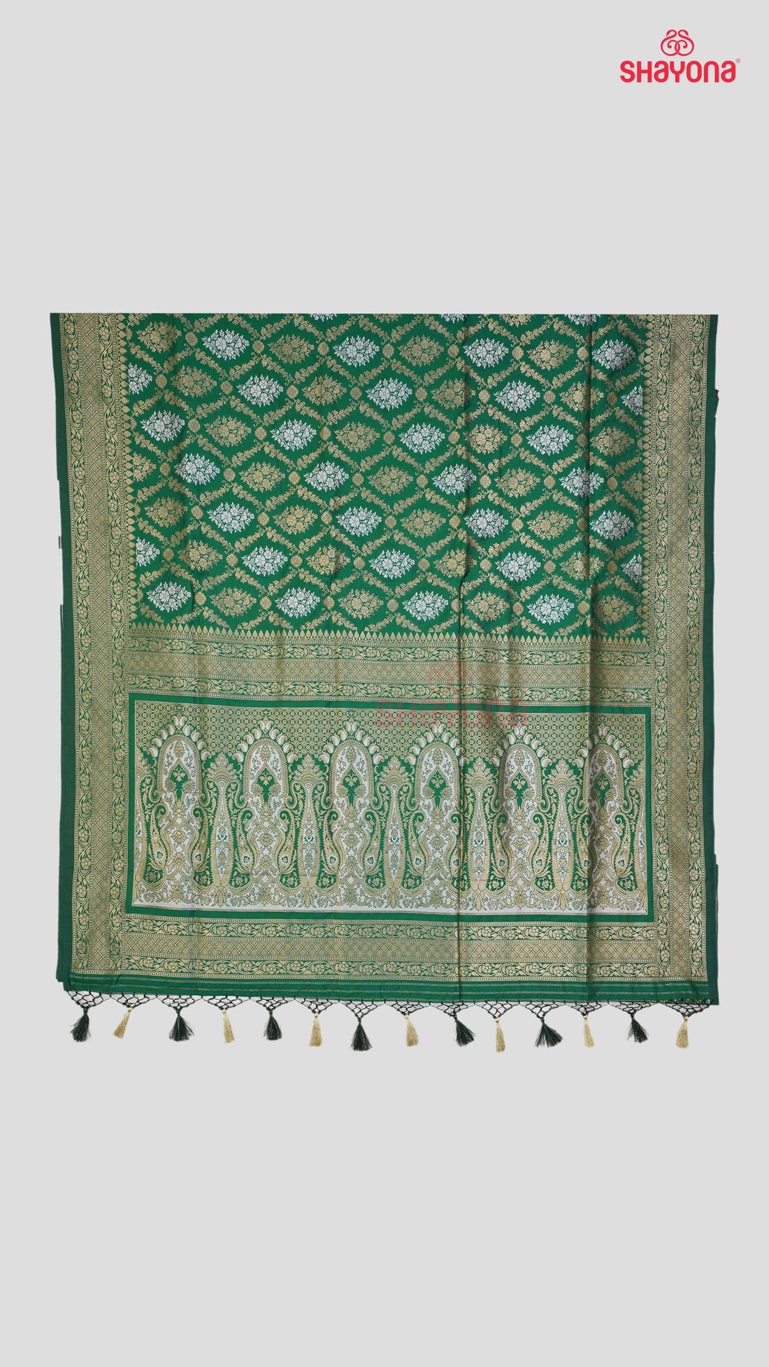Pomona Green Banarasi Silk Ashavali Saree with Golden & Silver Minakari Butta in Jaal
