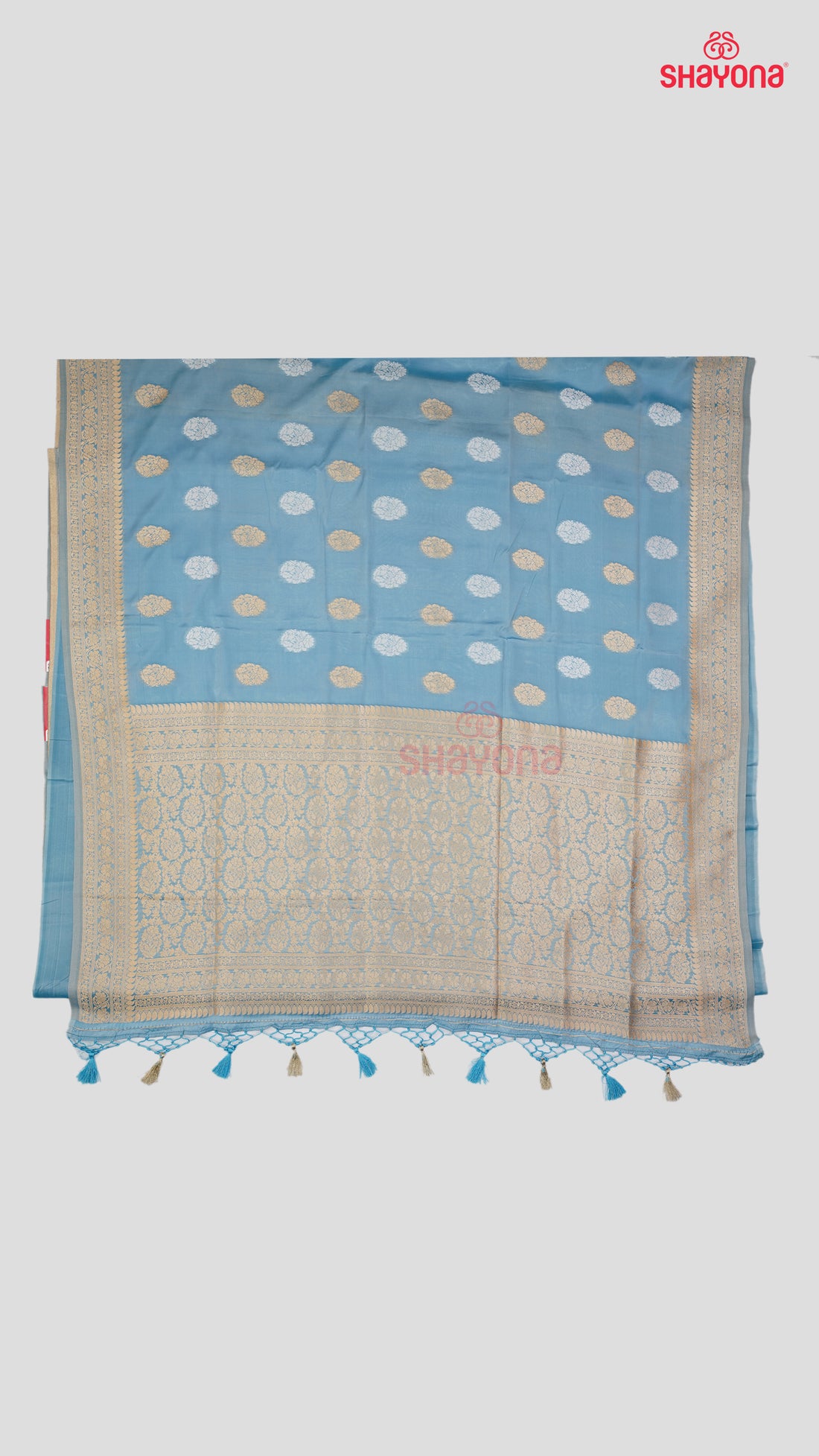 Light Blue Banarasi Silk Ashavali Saree with Butta Gala, Nakshi Border & Heavy Pallav