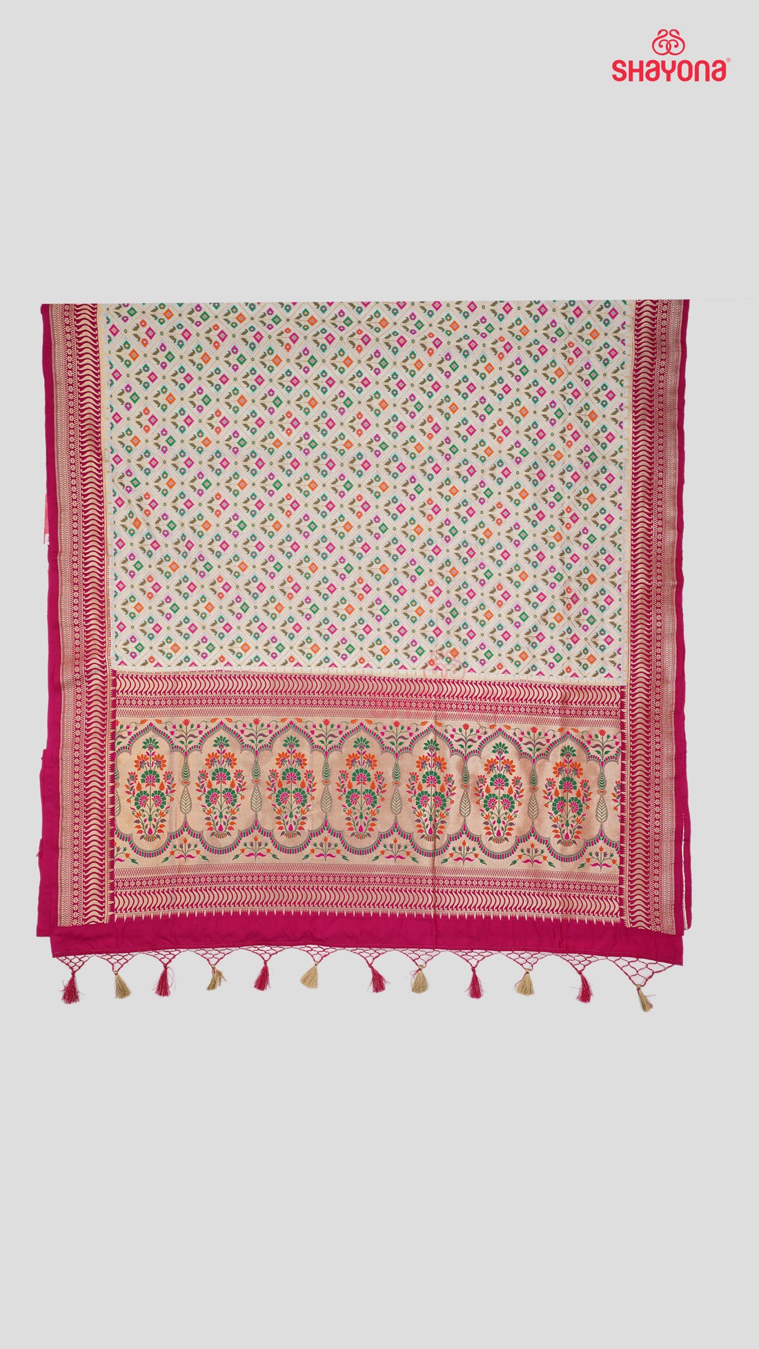 Ivory Banarasi Silk Ashavali Saree with Minakari Butta & Jaal in Diagonal Gala, Dark Pink Nakshi Border & Heavy Pallav
