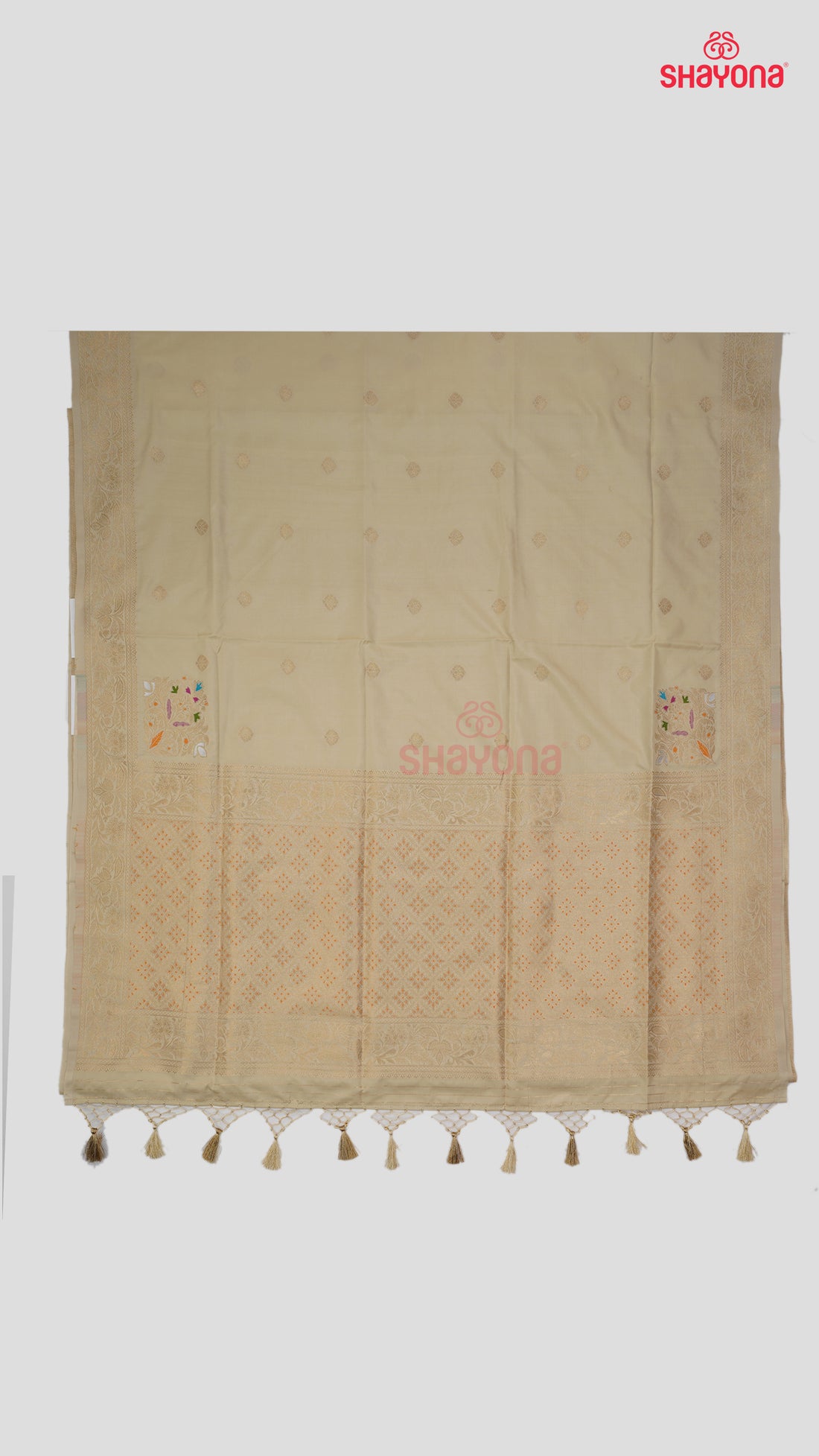 Almond Banarasi Silk Ashavali Saree with Butti Gala, Nakshi Border & Heavy Pallav