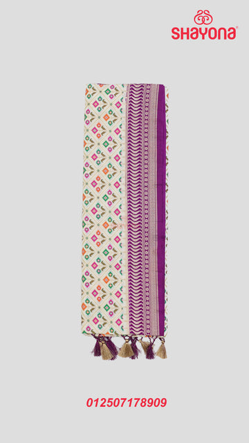 Ivory Banarasi Silk Ashavali Saree with Minakari Butta in Diagonal Jaal & Dark Purple Nakshi Border