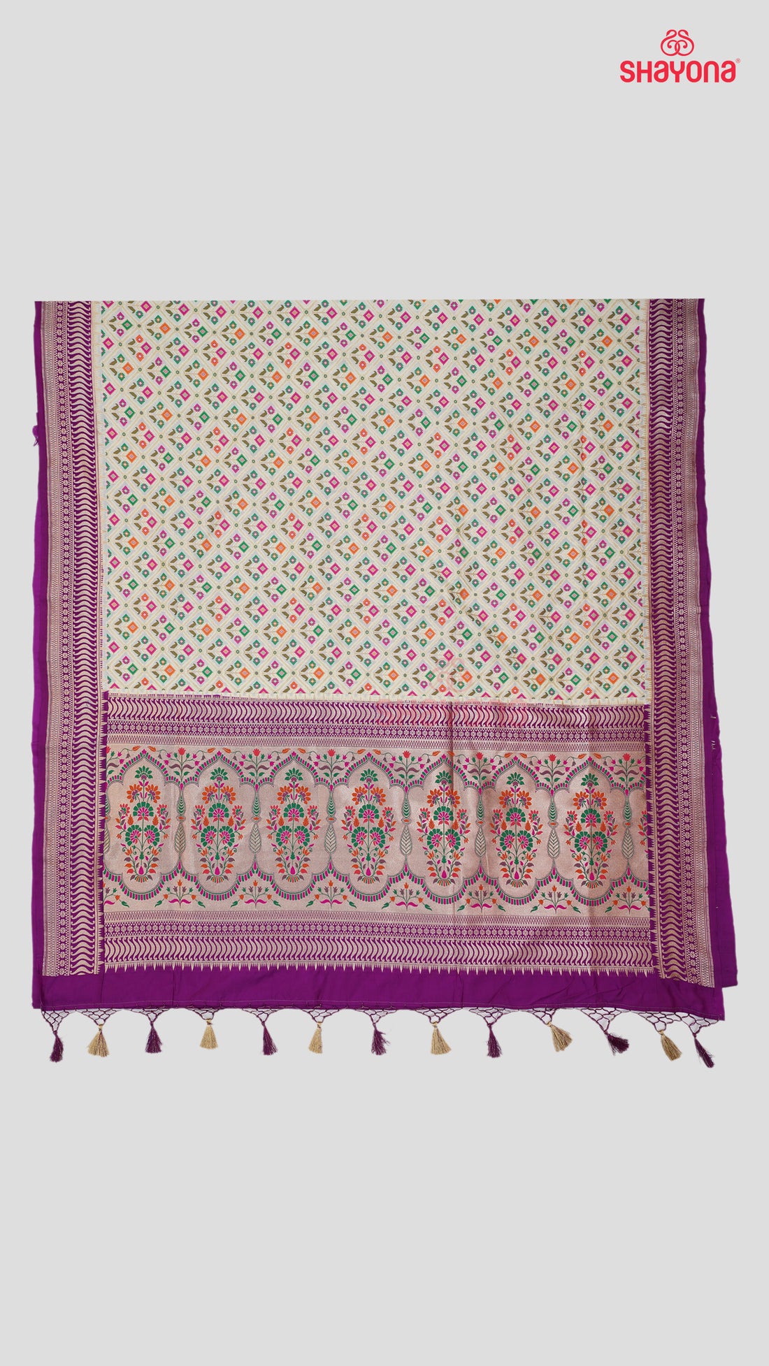 Ivory Banarasi Silk Ashavali Saree with Minakari Butta in Diagonal Jaal & Dark Purple Nakshi Border