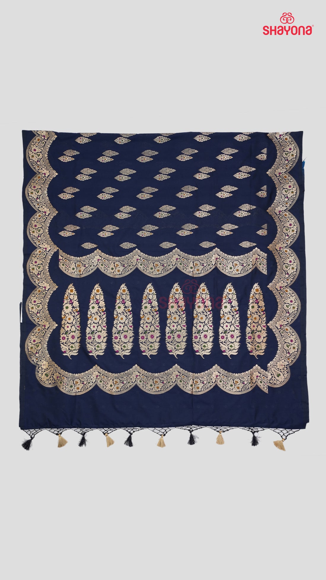 Dark Navy Blue Banarasi Silk Ashavali Saree with Minakari Butta in Gala, Nakshi Border & Heavy Pallav