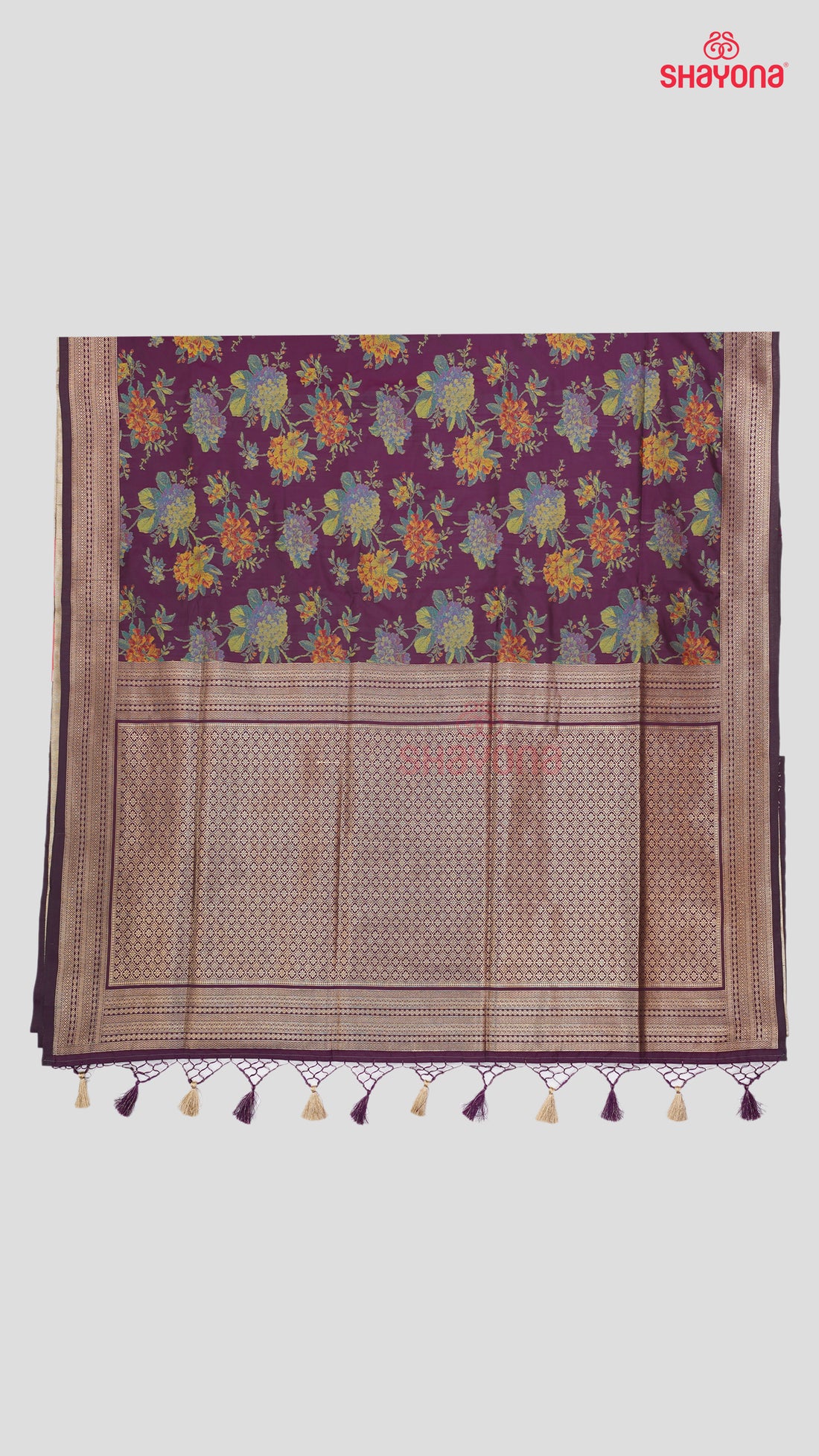 Dark Purple Banarasi Silk Ashavali Saree with Butti & Floral Jaal Gala