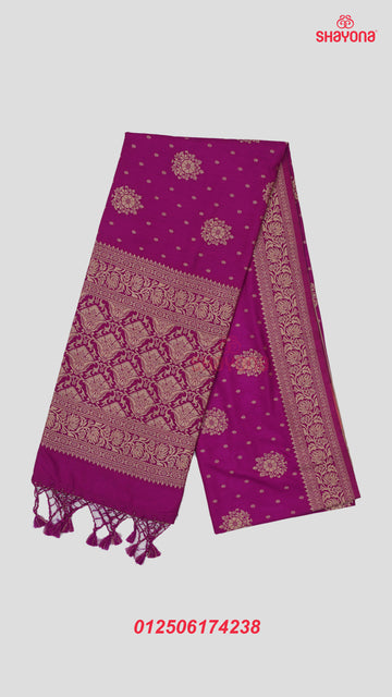 Dark Violet Red Banarasi Soft Silk Saree with Golden Butta & Nakshi Border