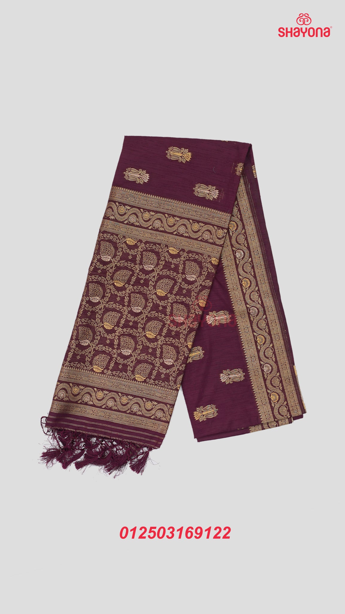 Wine Banarasi Soft Silk Saree with Golden Butta & Nakshi Border