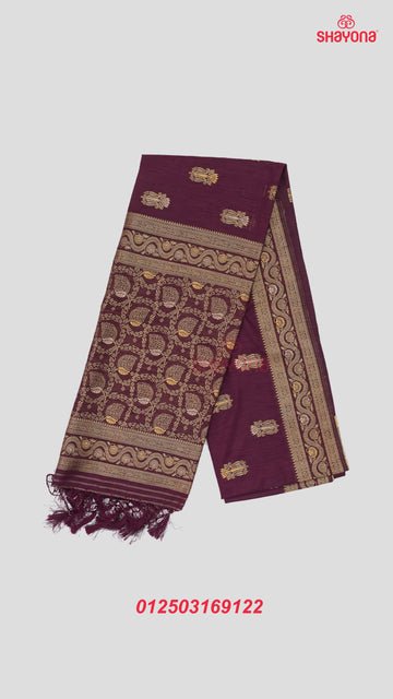 Wine Banarasi Soft Silk Saree with Golden Butta & Nakshi Border