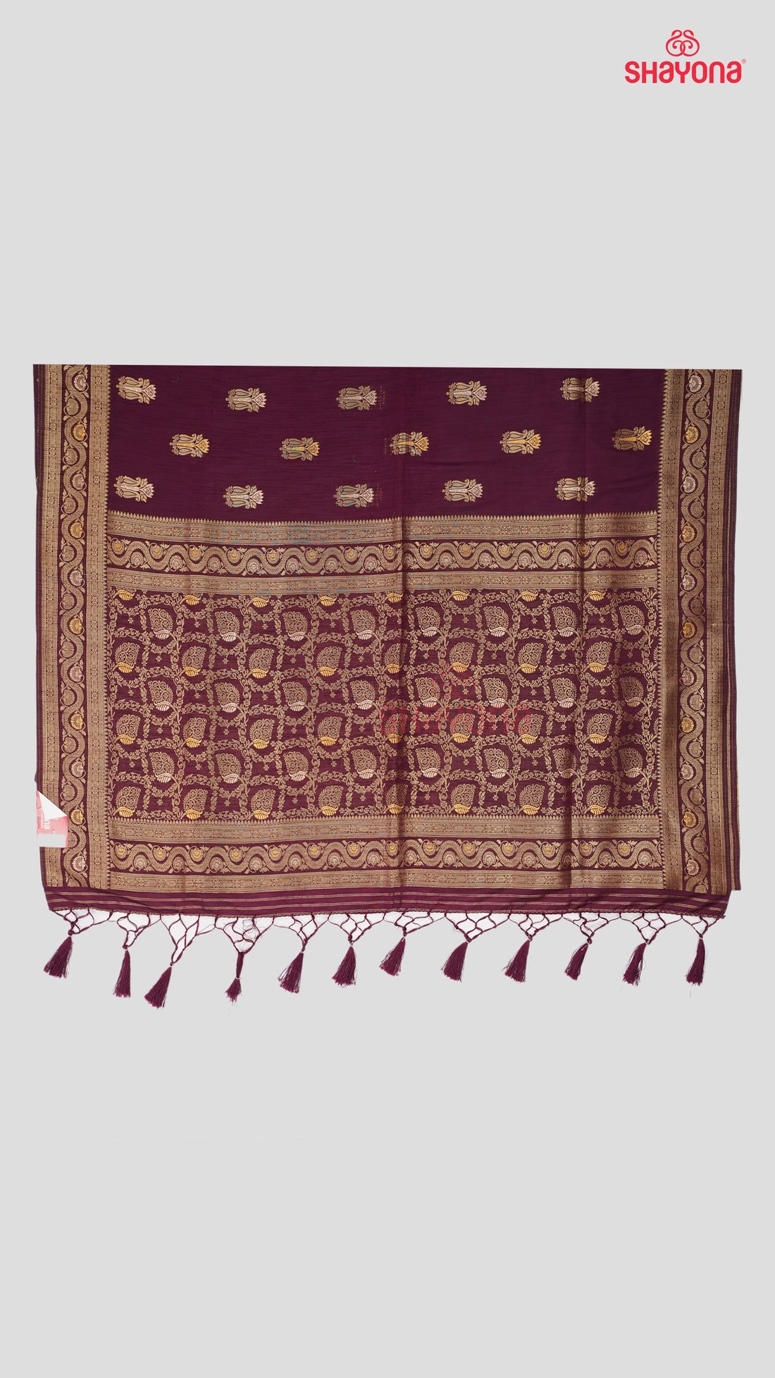 Wine Banarasi Soft Silk Saree with Golden Butta & Nakshi Border