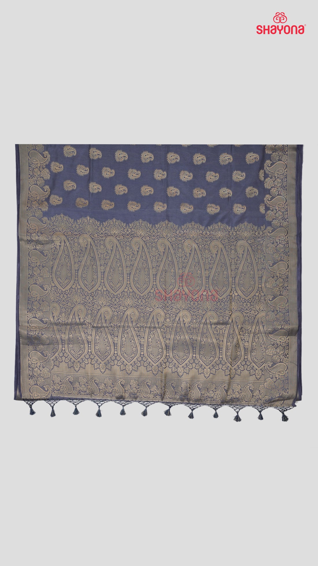 Gray Banarasi Soft Silk Saree with Golden Butta & Nakshi Border