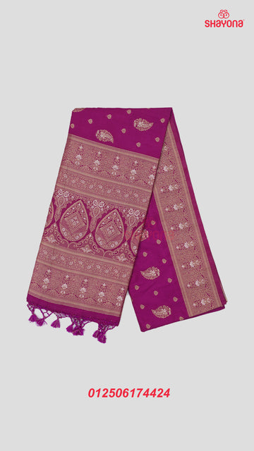 Dark Violet Red Banarasi Soft Silk Saree with Golden Butta & Nakshi Border